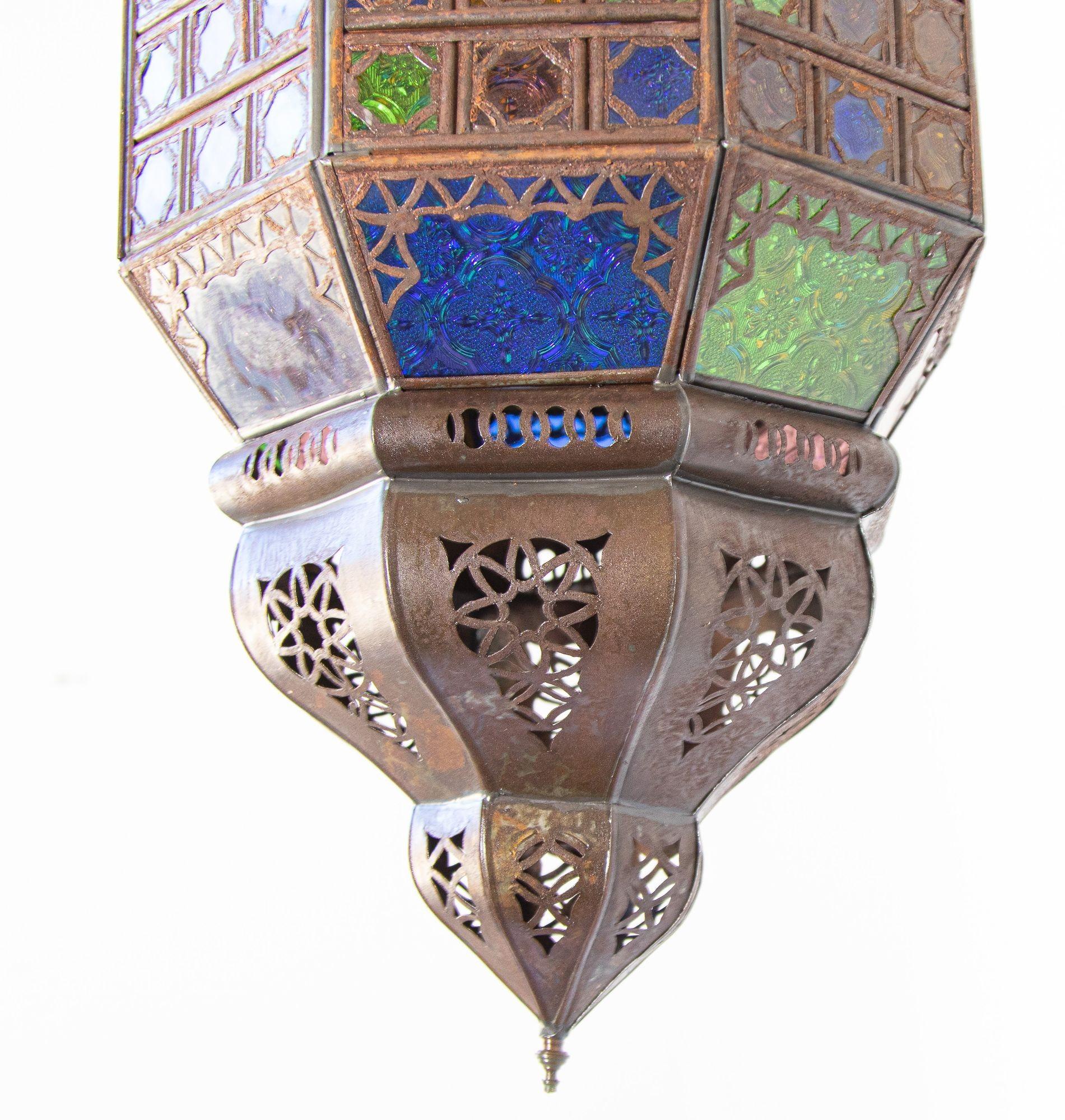 Moroccan Moorish Metal Light Fixture with Stained Glass 2