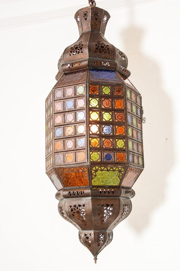 Moroccan Moorish Metal Light Fixture with Stained Glass 3