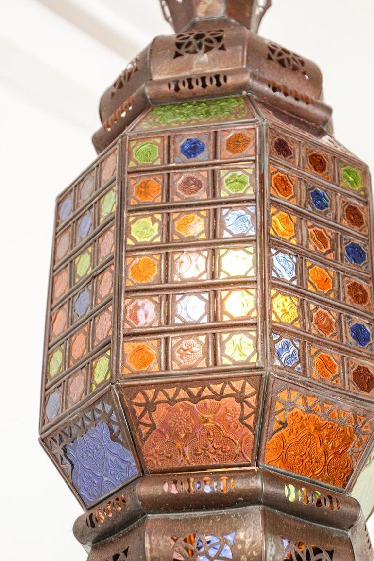 Moroccan Moorish Metal Light Fixture with Stained Glass 6