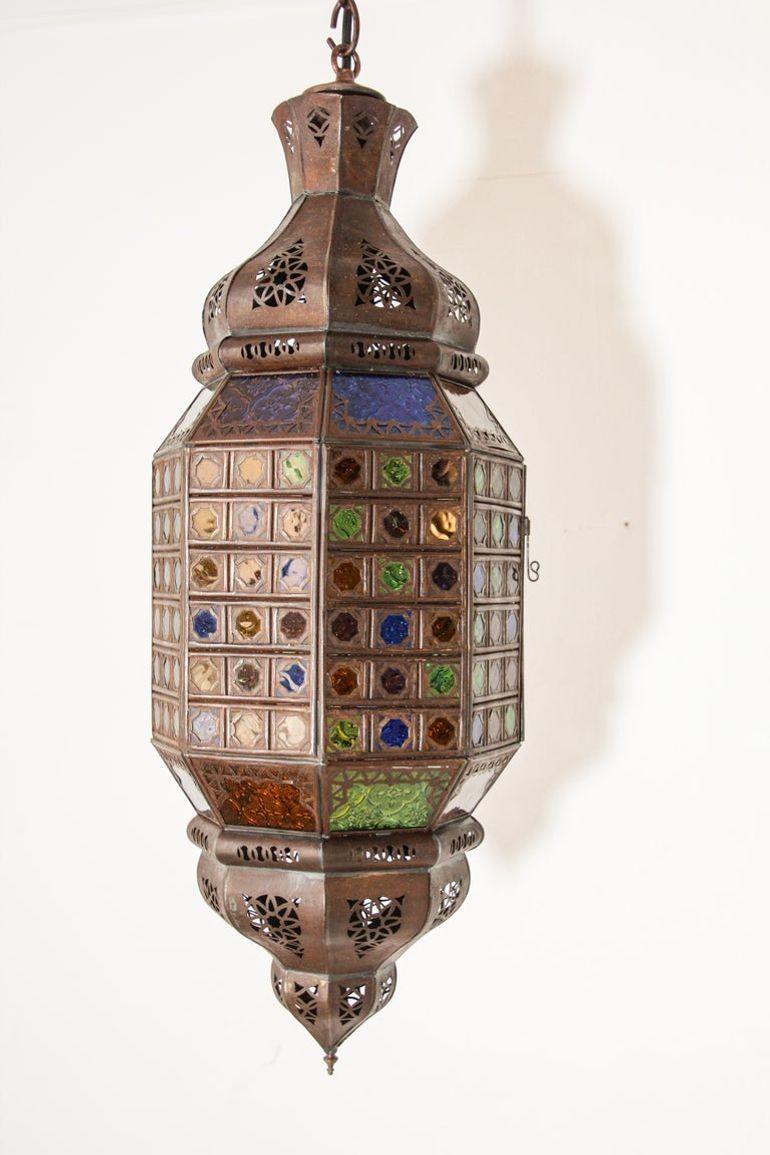Moroccan Moorish Metal Light Fixture with Stained Glass 8