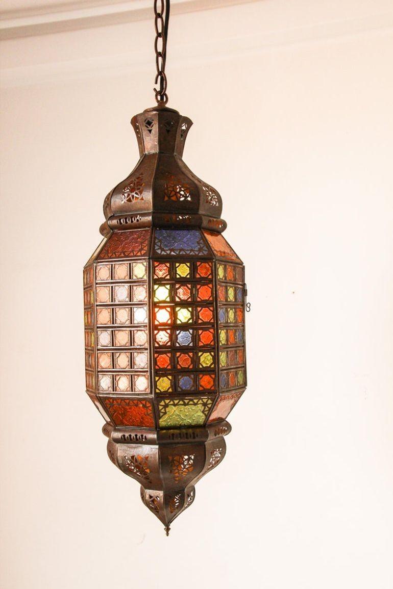 Moroccan Moorish Metal Light Fixture with Stained Glass 9