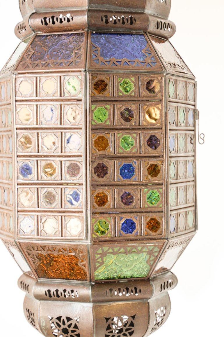 Moroccan Moorish Metal Light Fixture with Stained Glass 11