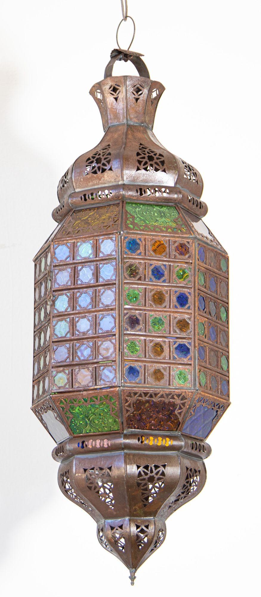 Moroccan Moorish Metal Light Fixture with Stained Glass 12