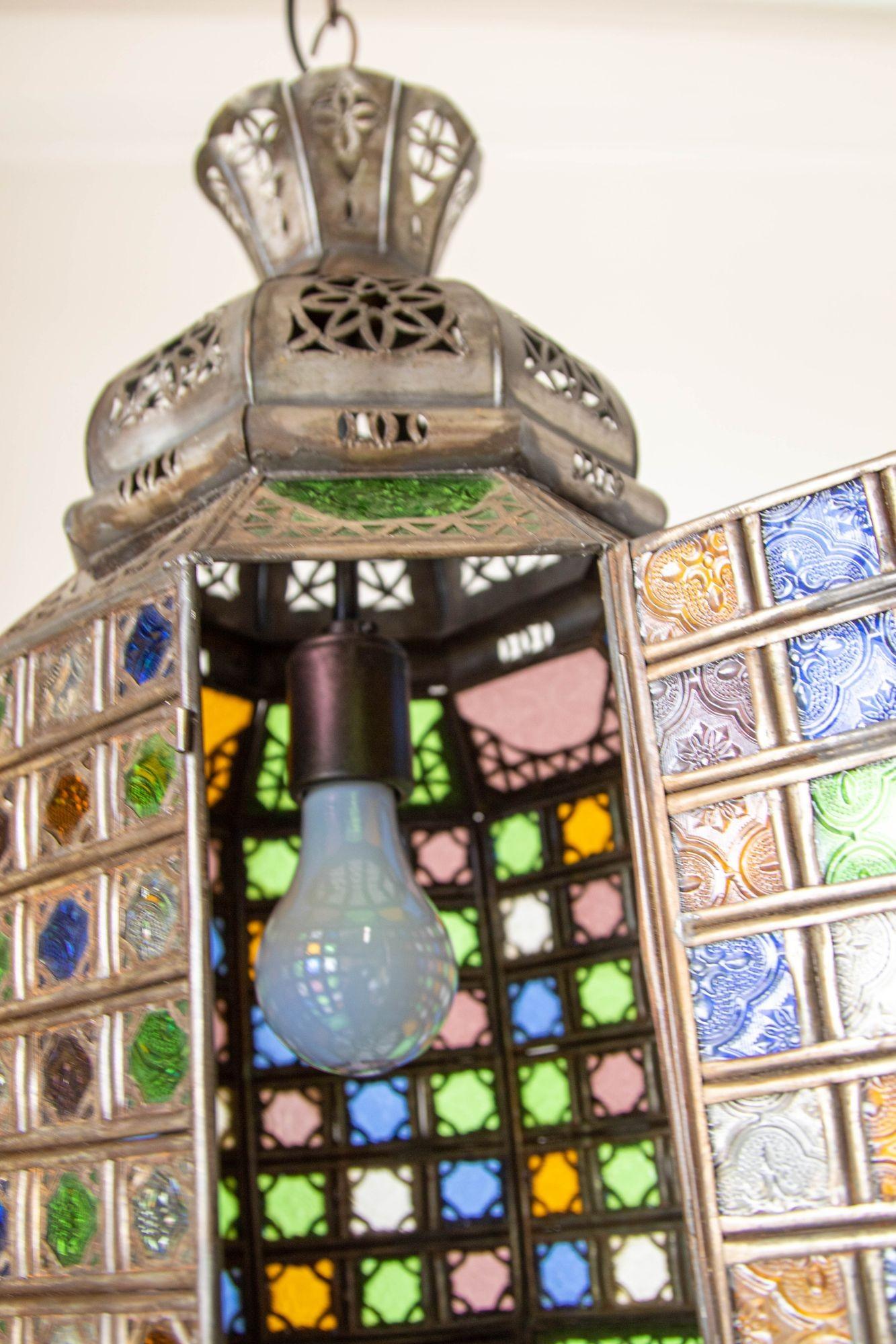 Blackened Moroccan Moorish Metal Light Fixture with Stained Glass