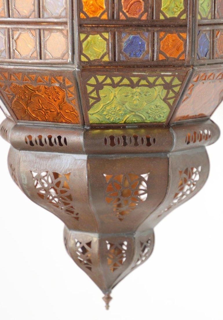 20th Century Moroccan Moorish Metal Light Fixture with Stained Glass