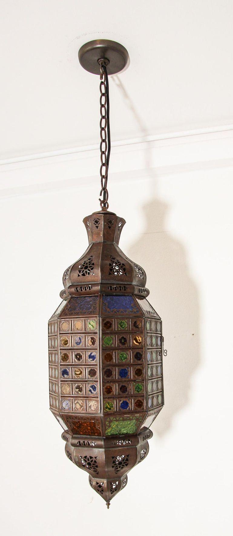 Moroccan Moorish Metal Light Fixture with Stained Glass 1