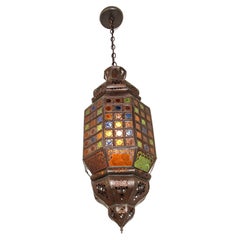 Moroccan Moorish Metal Light Fixture with Stained Glass
