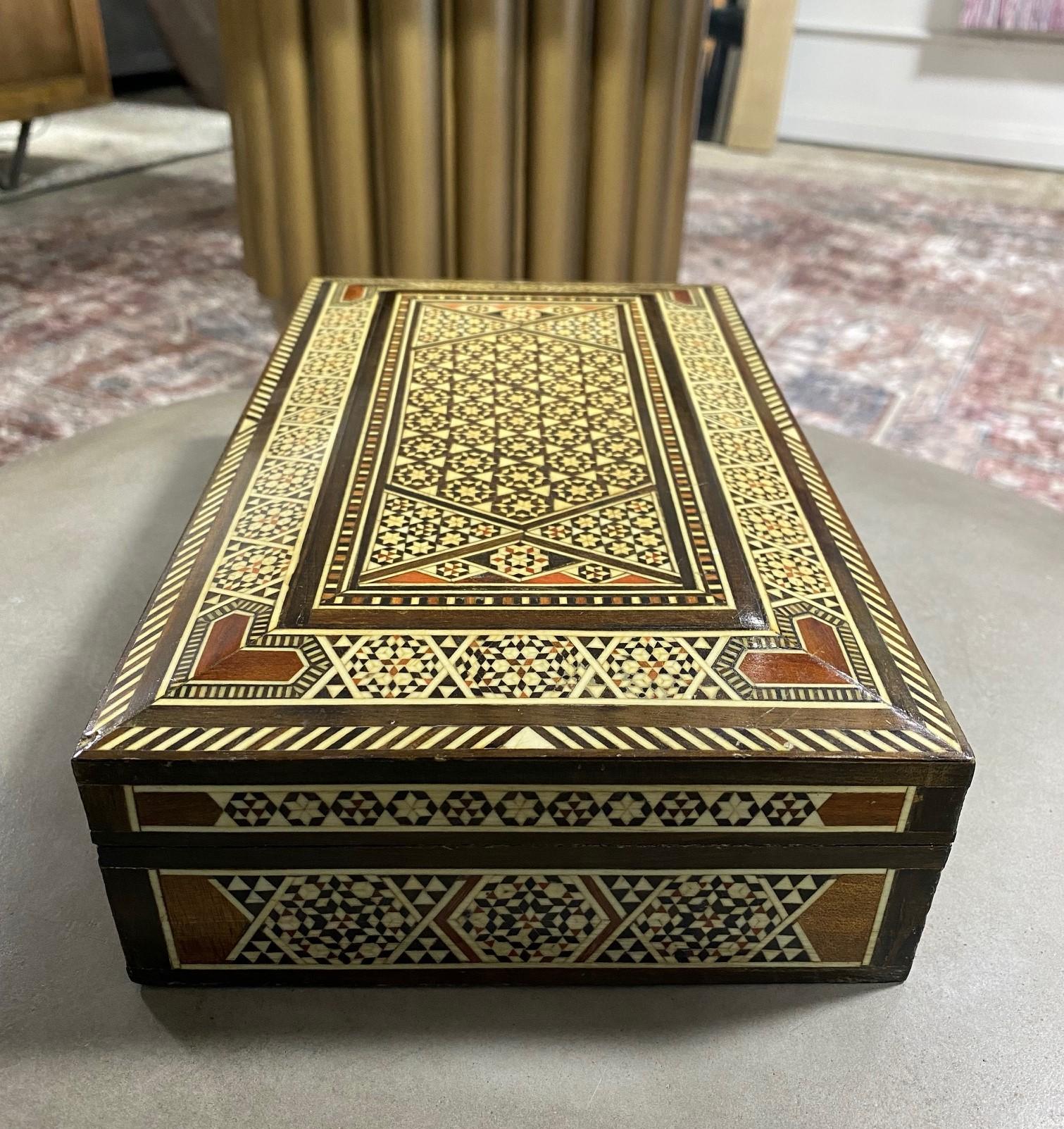 Moroccan Moorish Middle Eastern Large Inlaid Wood Micro Mosaic Jewelry Box For Sale 4