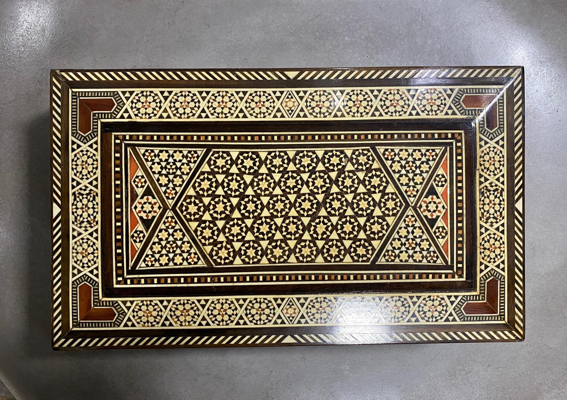 Moroccan Moorish Middle Eastern Large Inlaid Wood Micro Mosaic Jewelry Box For Sale 9