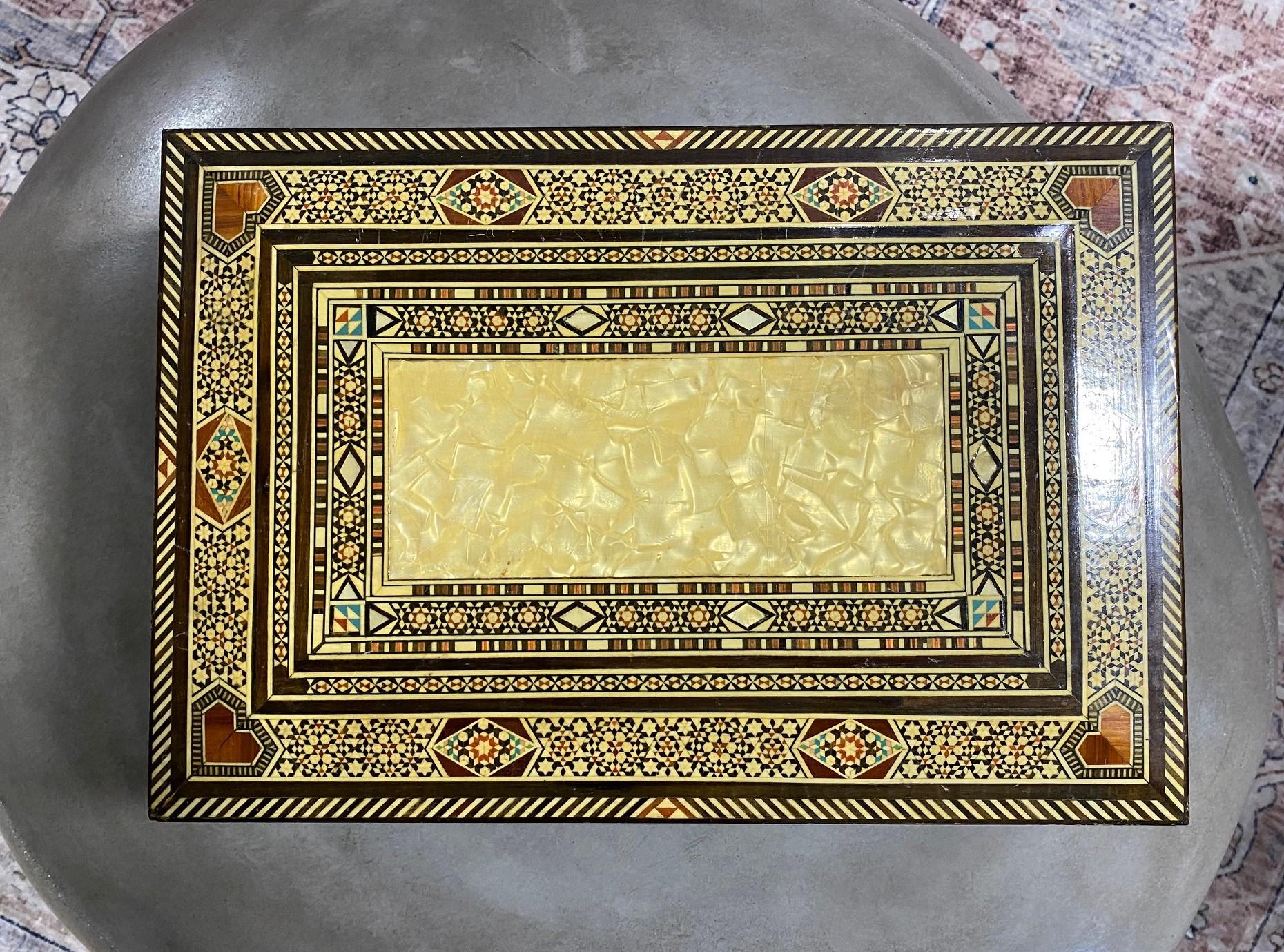 Moroccan Moorish Middle Eastern Large Inlaid Wood Micro Mosaic Jewelry Box For Sale 13