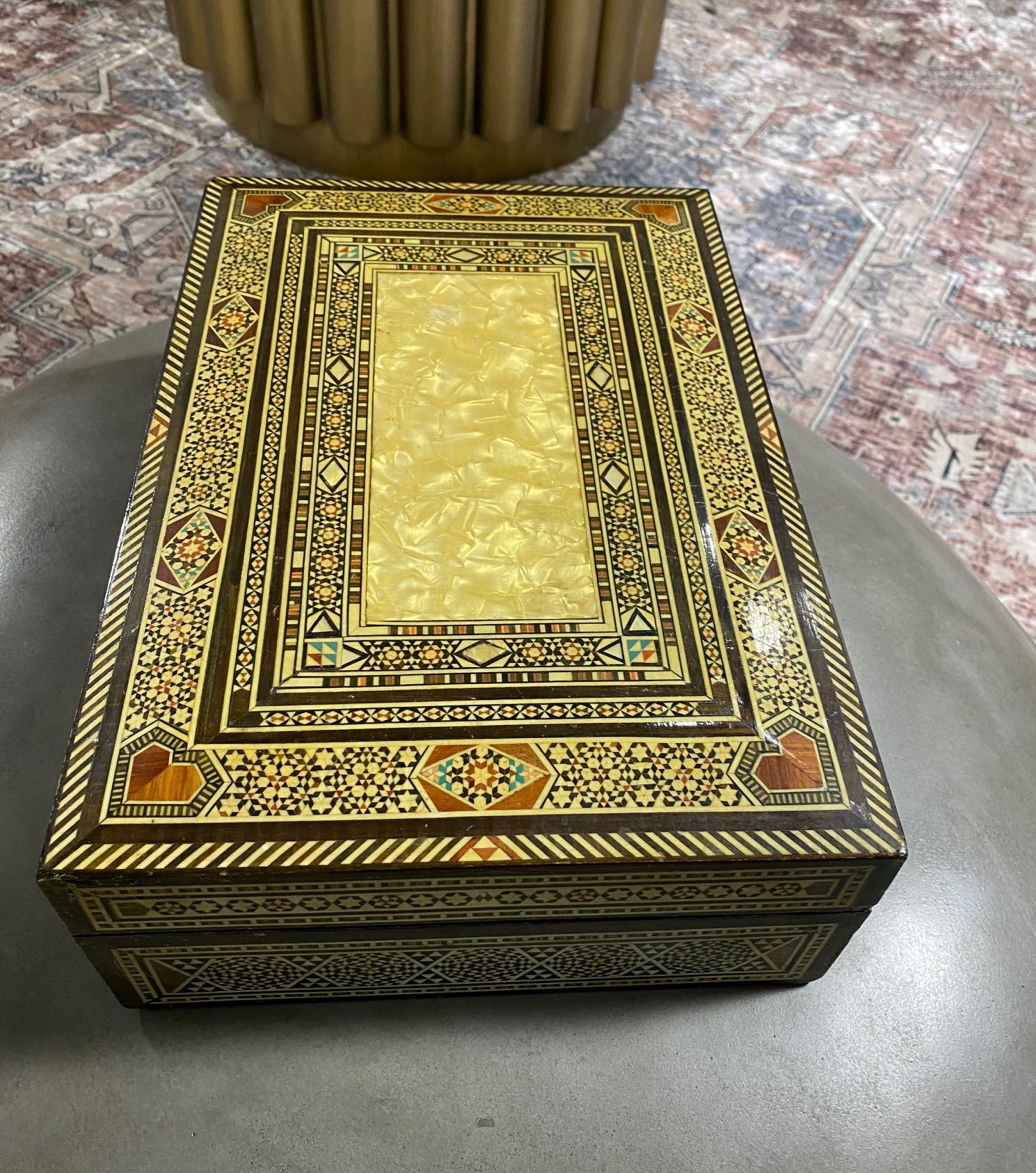 Moroccan Moorish Middle Eastern Large Inlaid Wood Micro Mosaic Jewelry Box For Sale 3