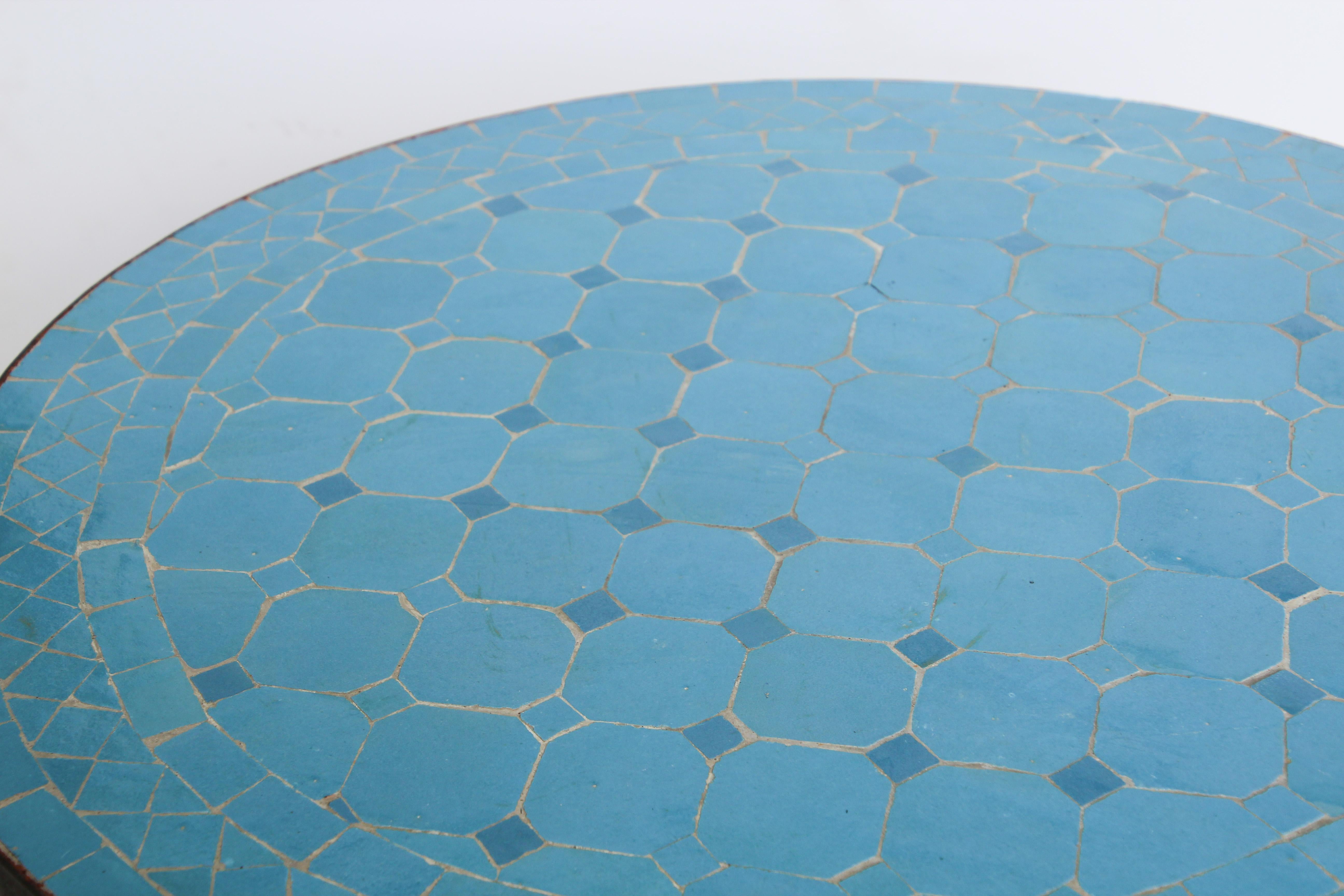 Moroccan Moorish Mosaic Tile Blue Color Side Table on Iron Base 3