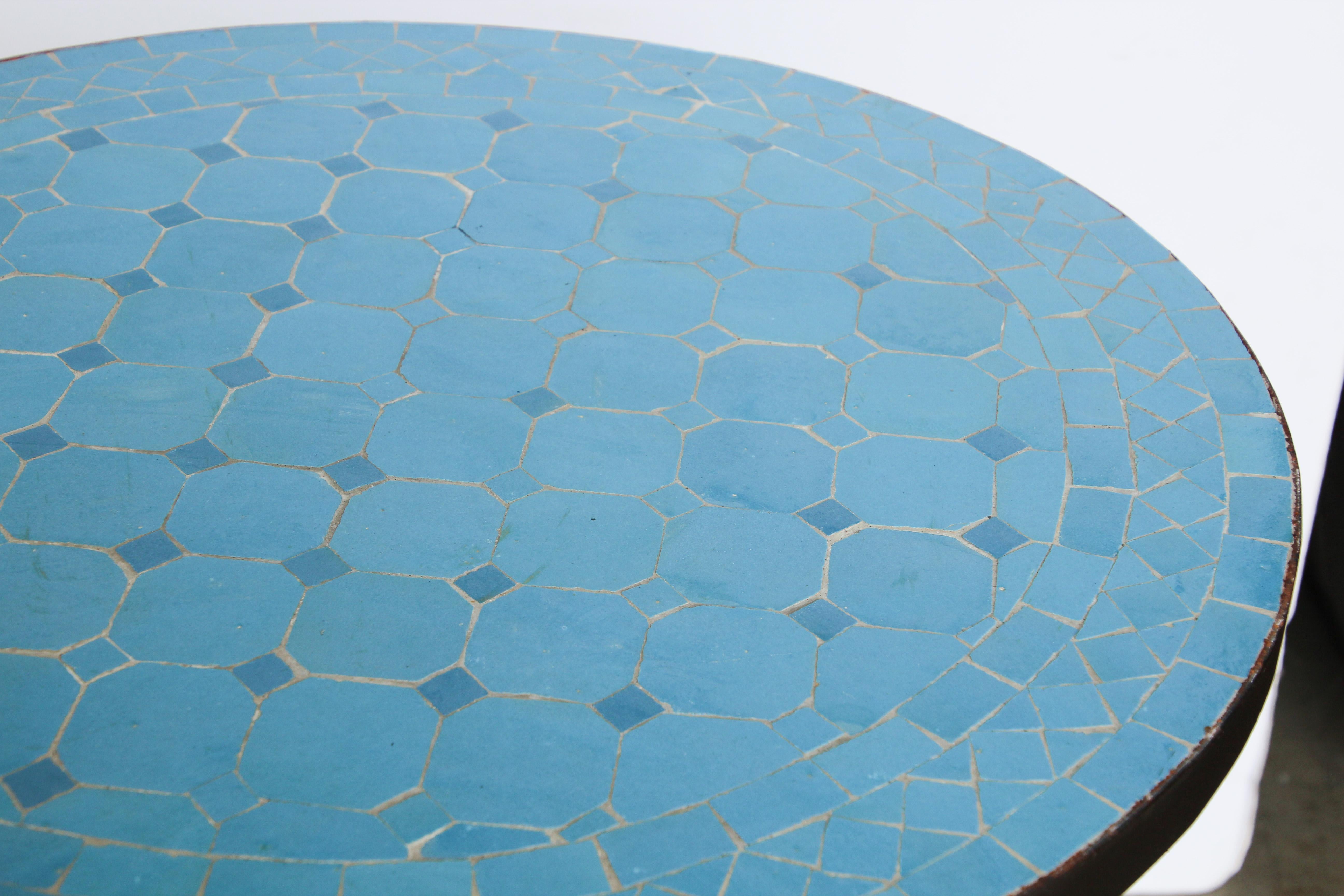 Moroccan Moorish Mosaic Tile Blue Color Side Table on Iron Base 3