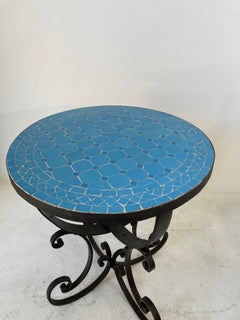 Moroccan Moorish Mosaic Tile Blue Color Side Table on Iron Base