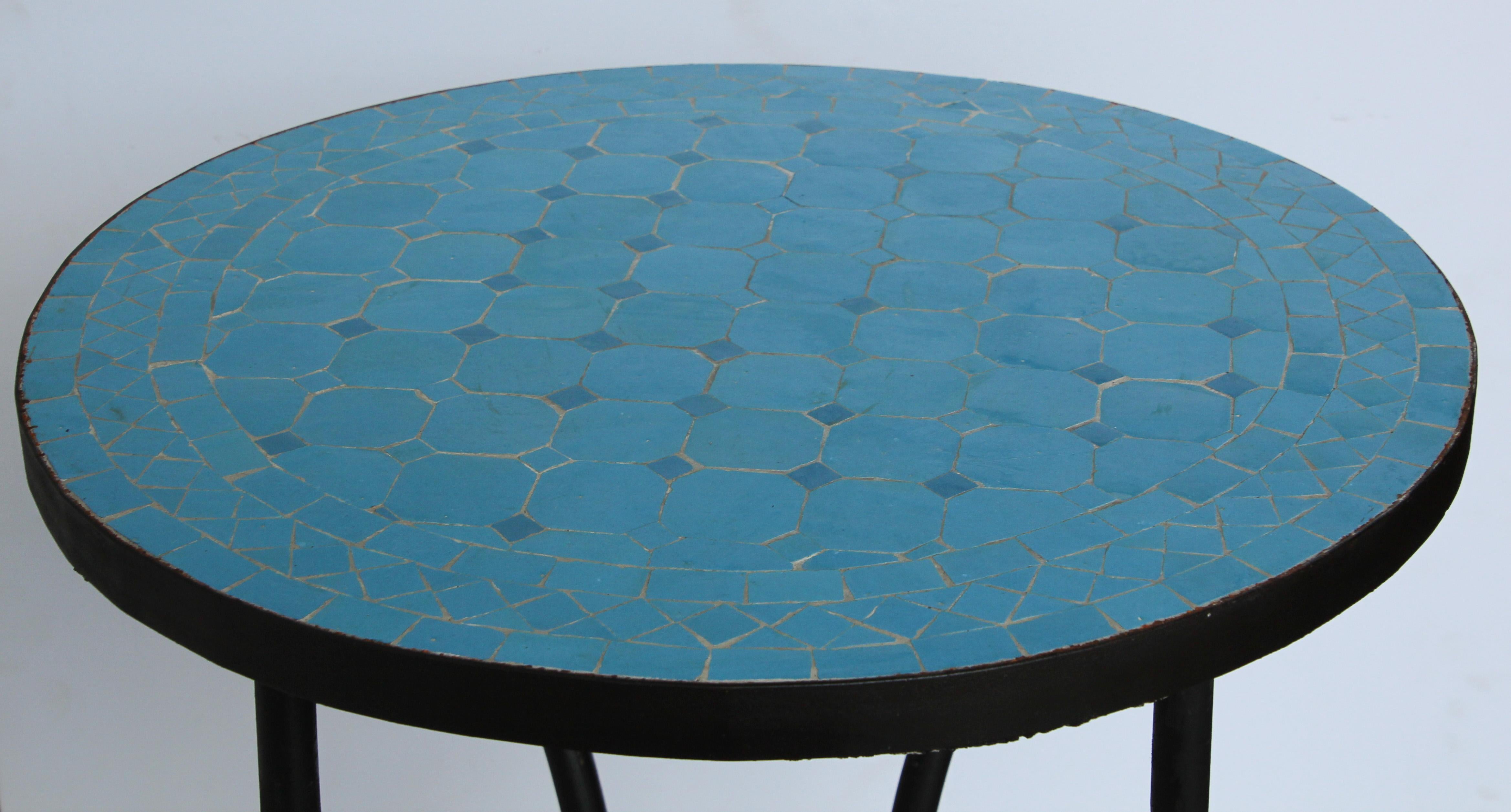 Ceramic Moroccan Moorish Mosaic Tile Blue Color Side Table on Iron Base