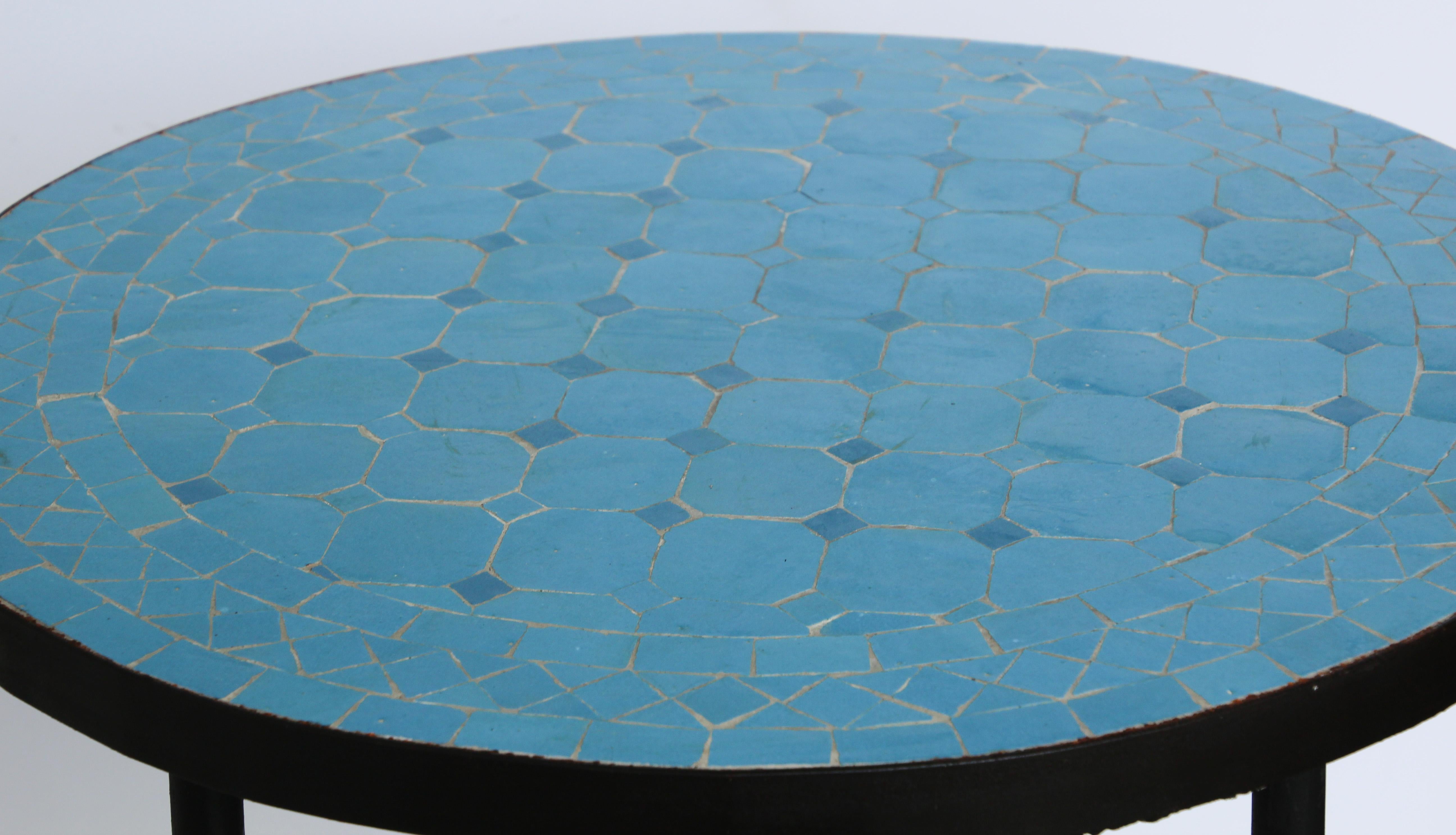Moroccan Moorish Mosaic Tile Blue Color Side Table on Iron Base 1