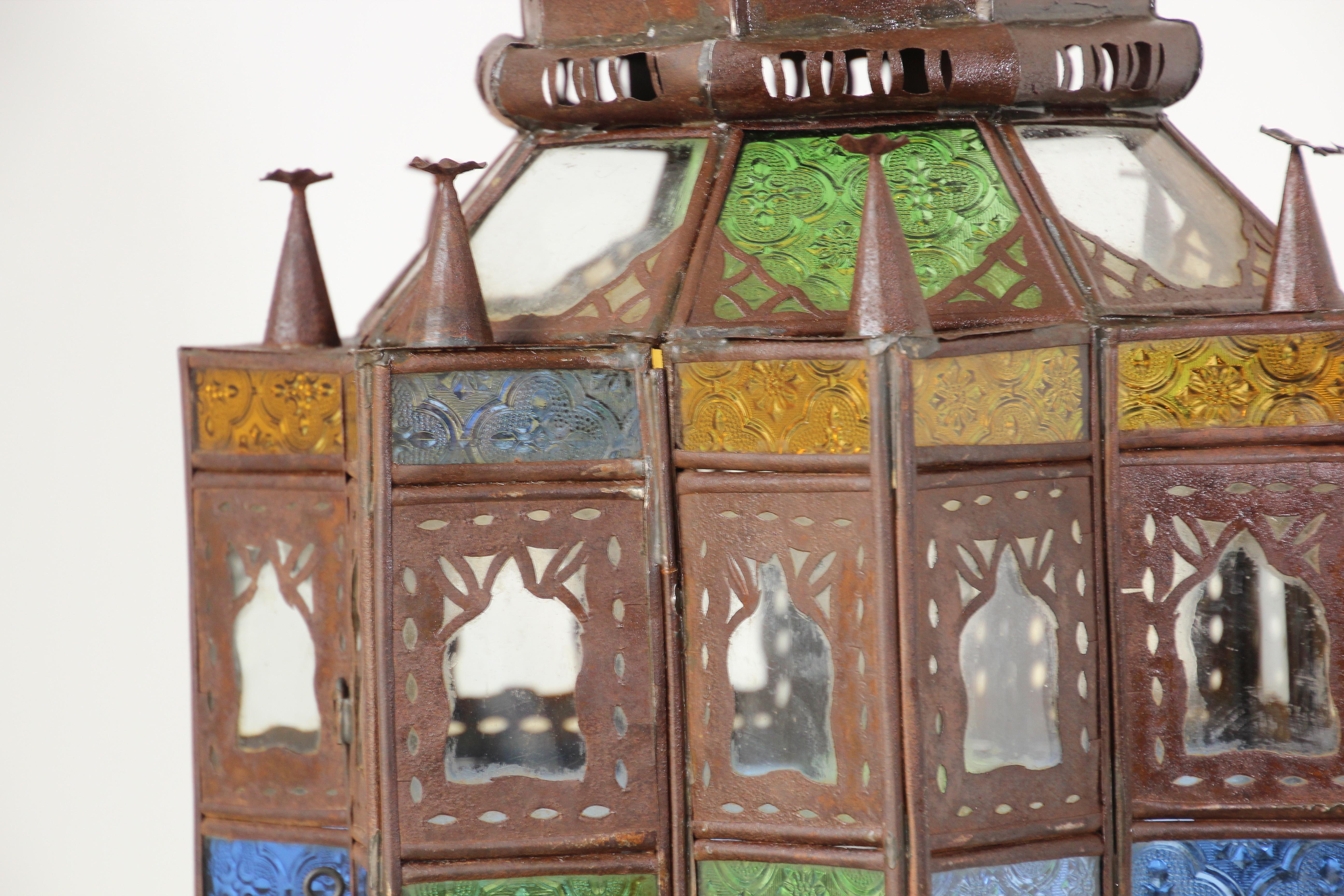 Moroccan Moorish Multi-Color Glass Lantern in Star Shape In Good Condition In North Hollywood, CA