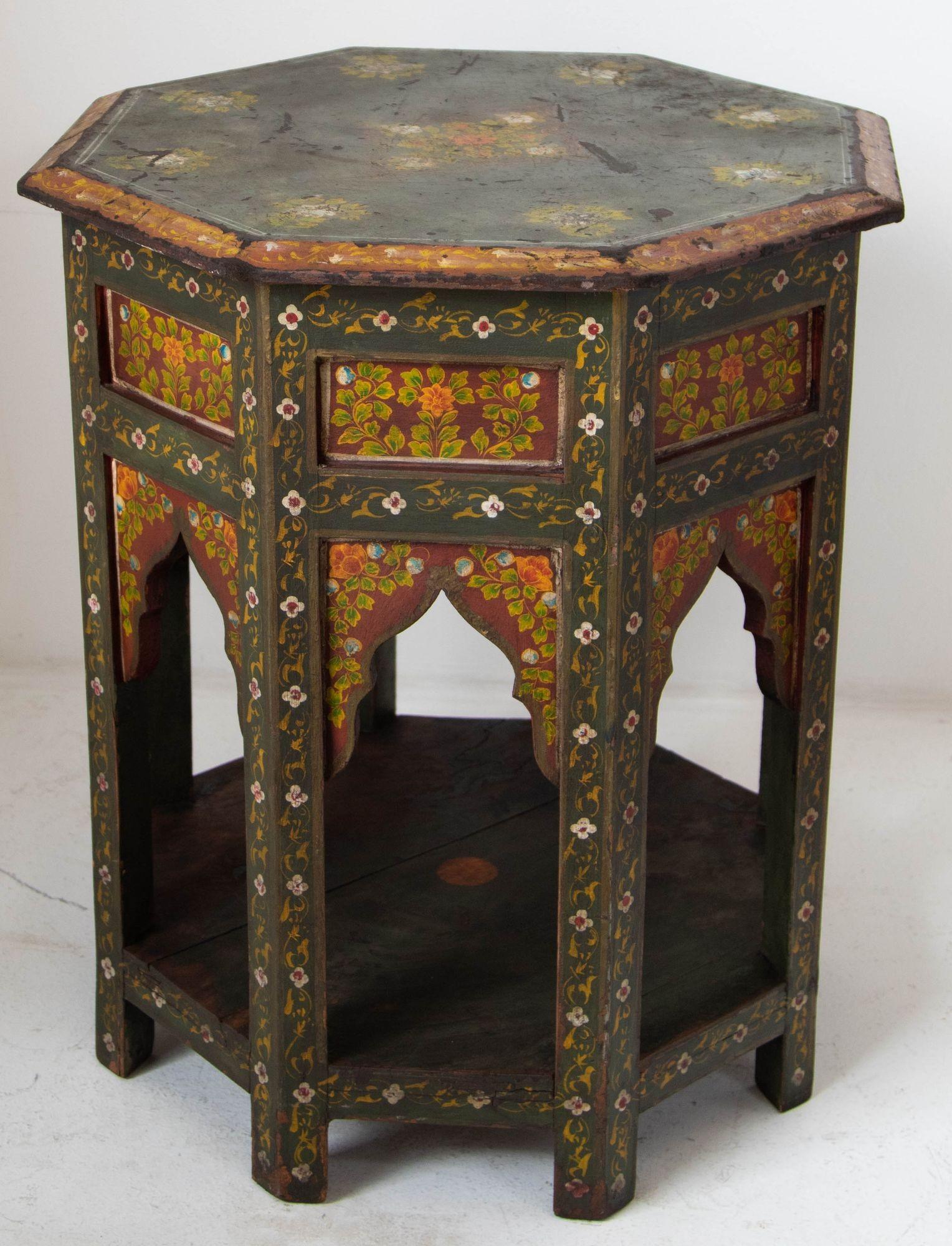 Moroccan Moorish Octagonal Side Table Hand-Painted Wood 12