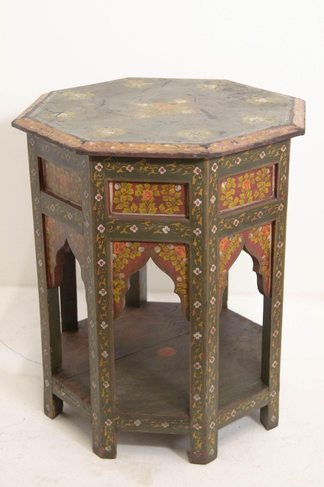 Moroccan Moorish Octagonal Side Table Hand-Painted Wood 13