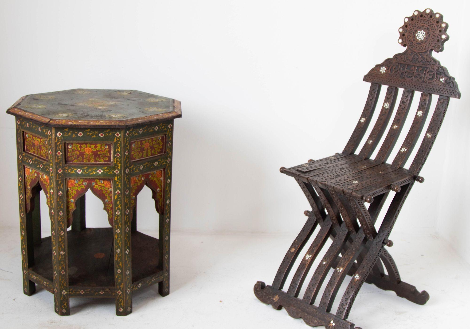 Moroccan Moorish Octagonal Side Table Hand-Painted Wood In Distressed Condition In North Hollywood, CA