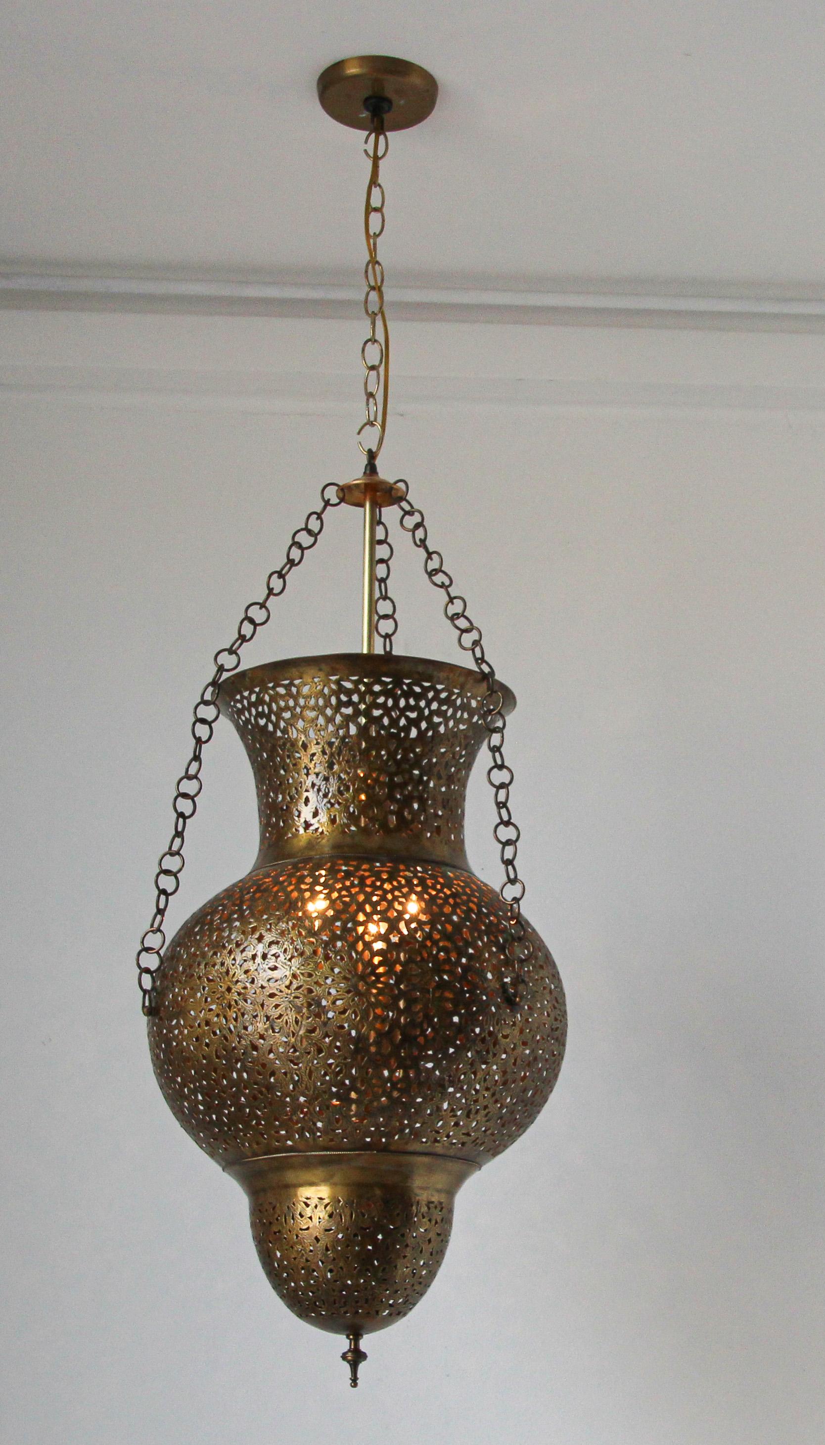 Moroccan Brass Polished Piereced Brass Moorish Style Chandelier 3