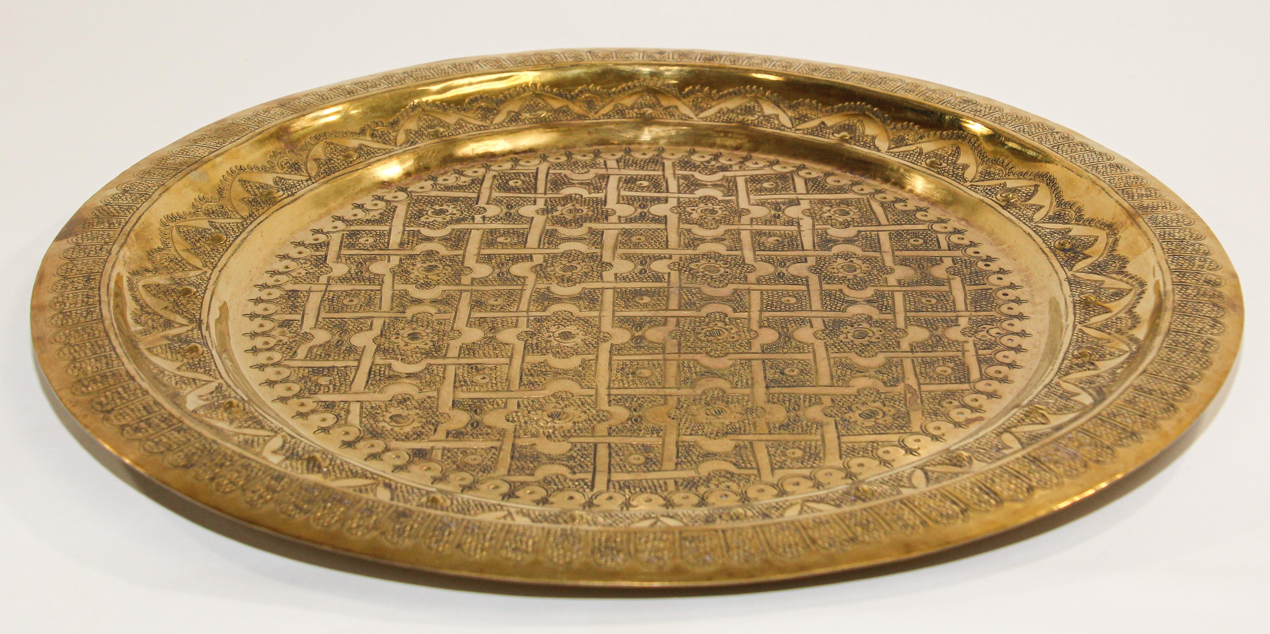 Etched Moroccan Moorish Polished Brass Decorative Tray Platter
