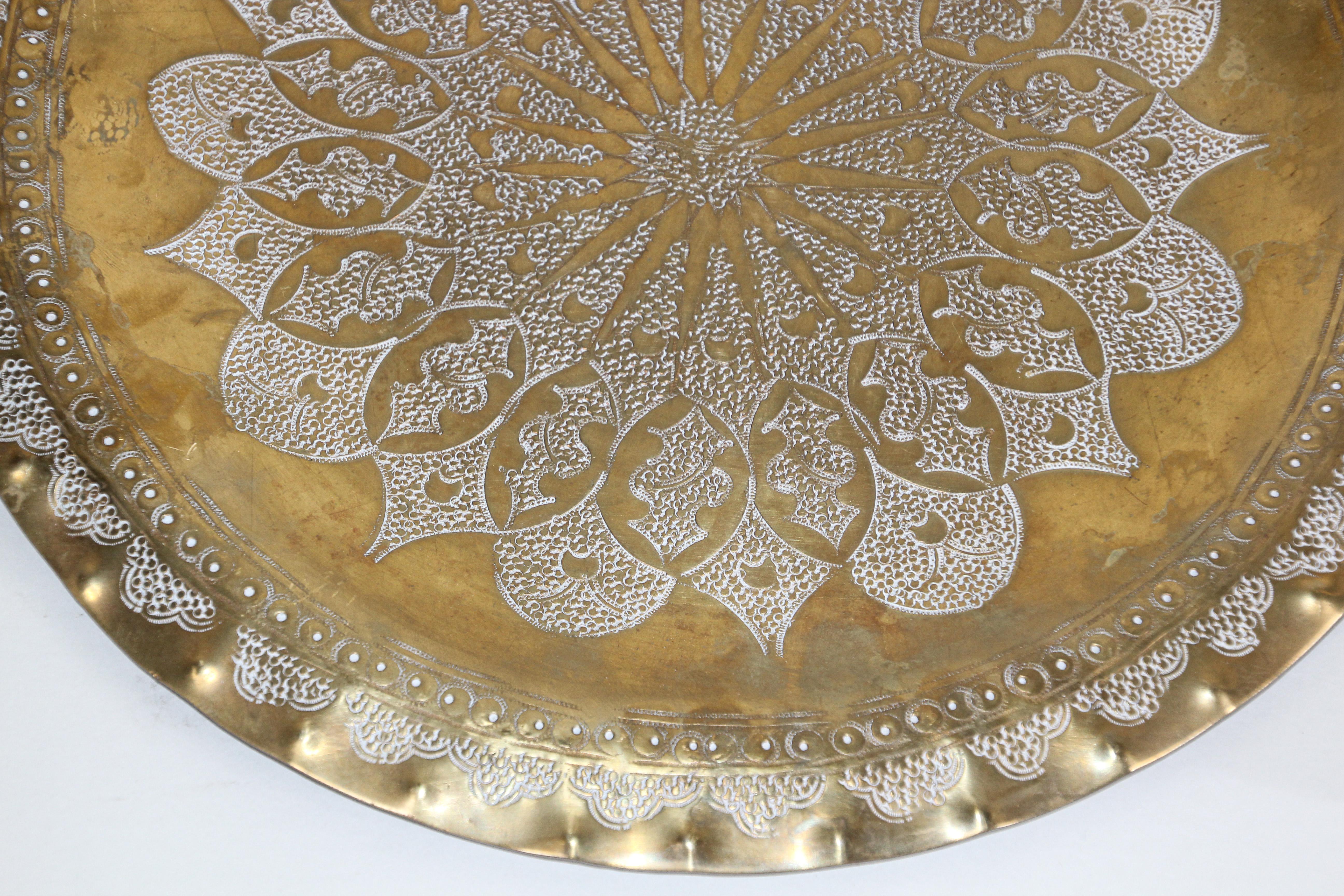 20th Century Moroccan Moorish Round Decorative Brass Tray