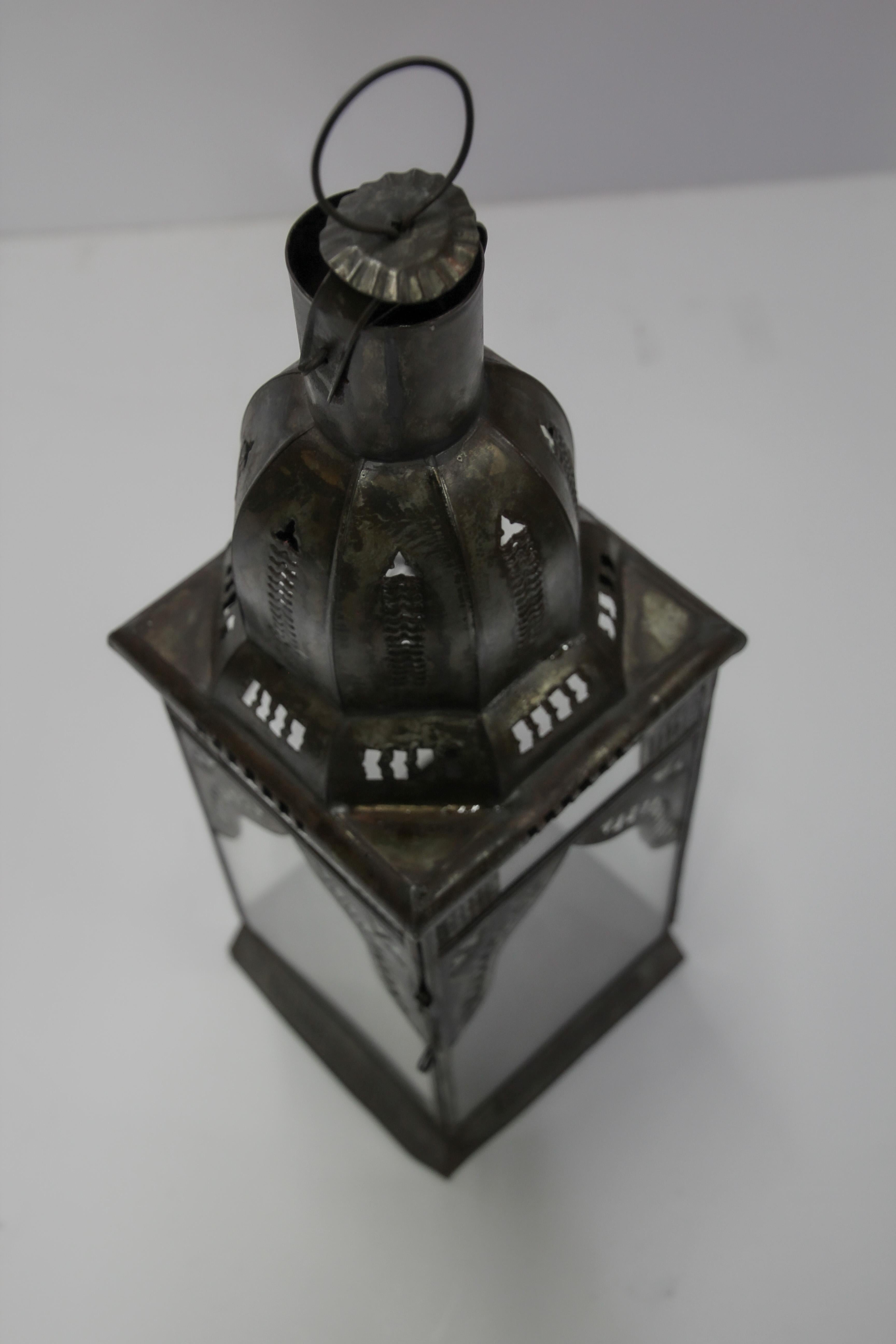 Moroccan Metal Candle Lantern in Moorish Square Metal and Clear Glass For Sale 8