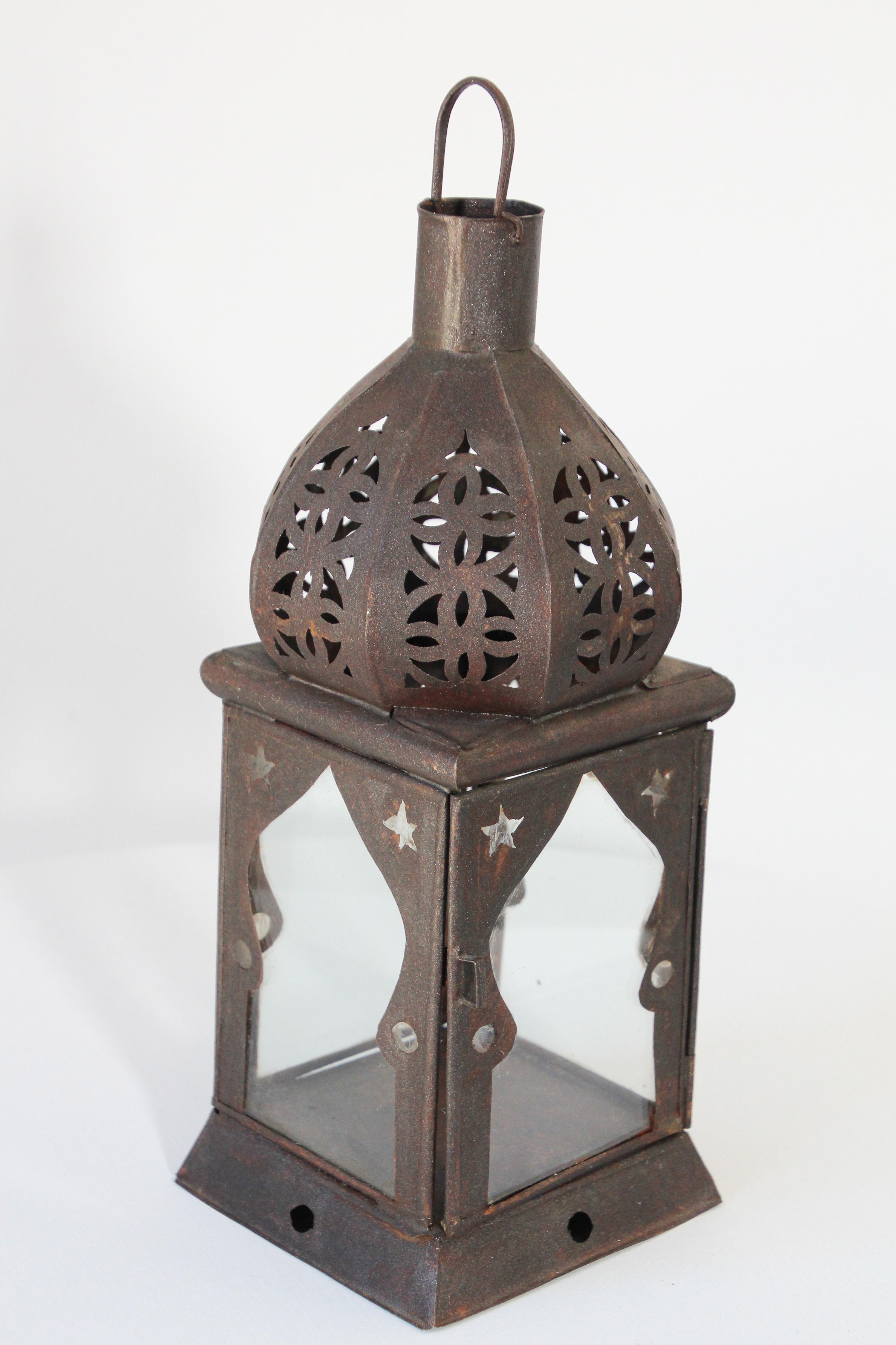 Hand-Crafted Moroccan Moorish Square Metal and Clear Glass Candle Lantern