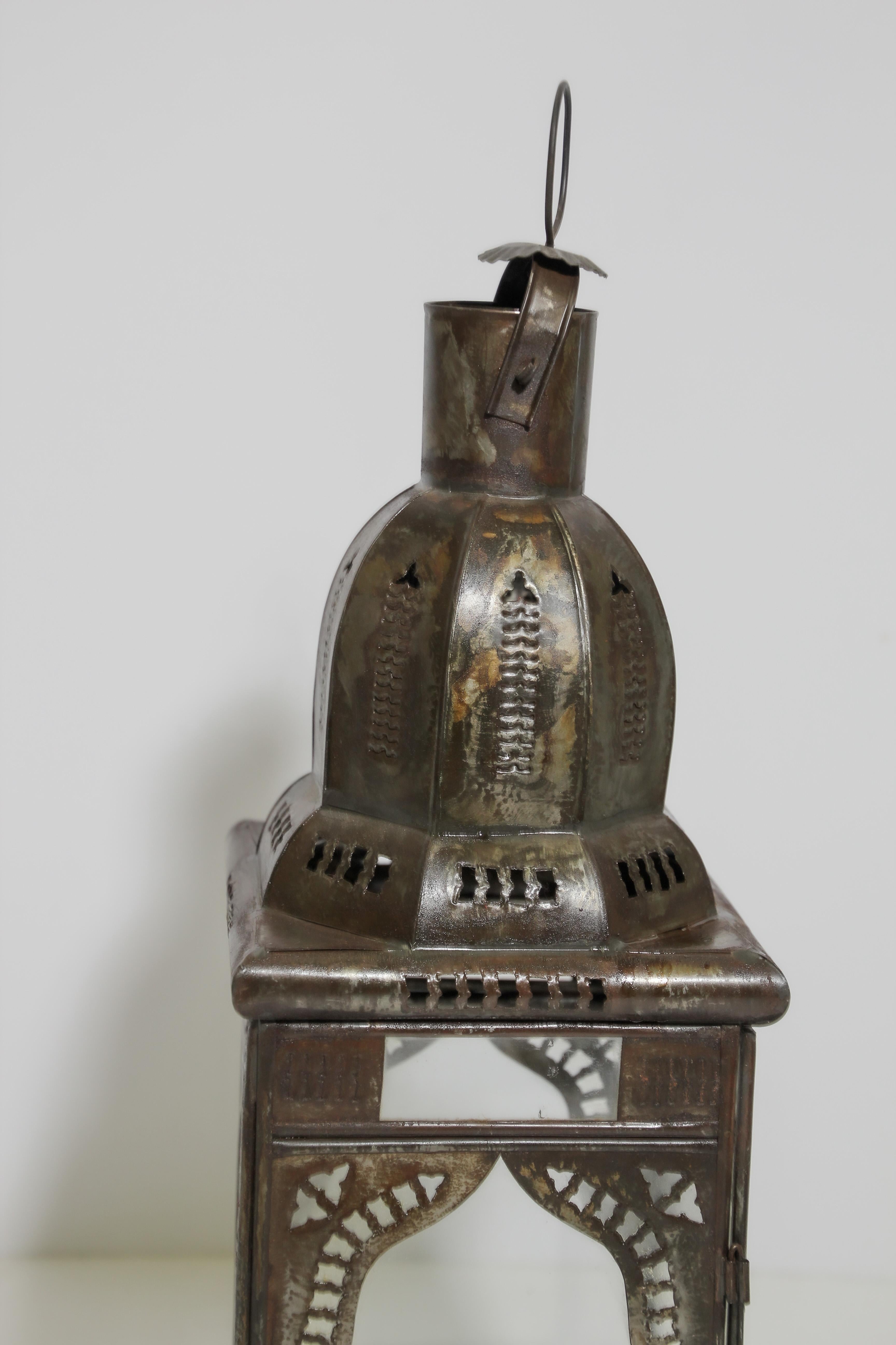 20th Century Moroccan Metal Candle Lantern in Moorish Square Metal and Clear Glass For Sale