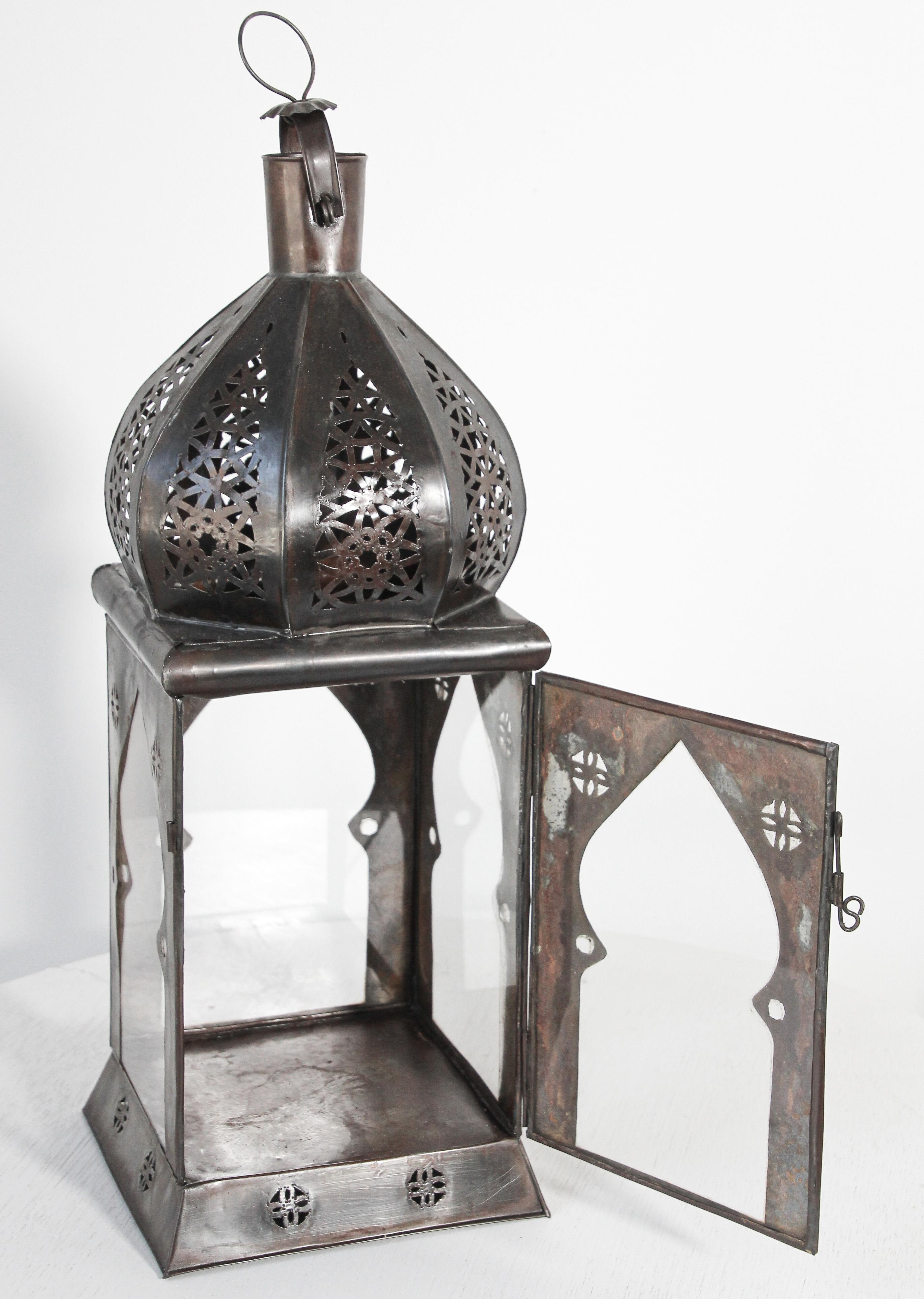 Metal Moroccan Moorish Square Tole and Clear Glass Candle Lantern For Sale