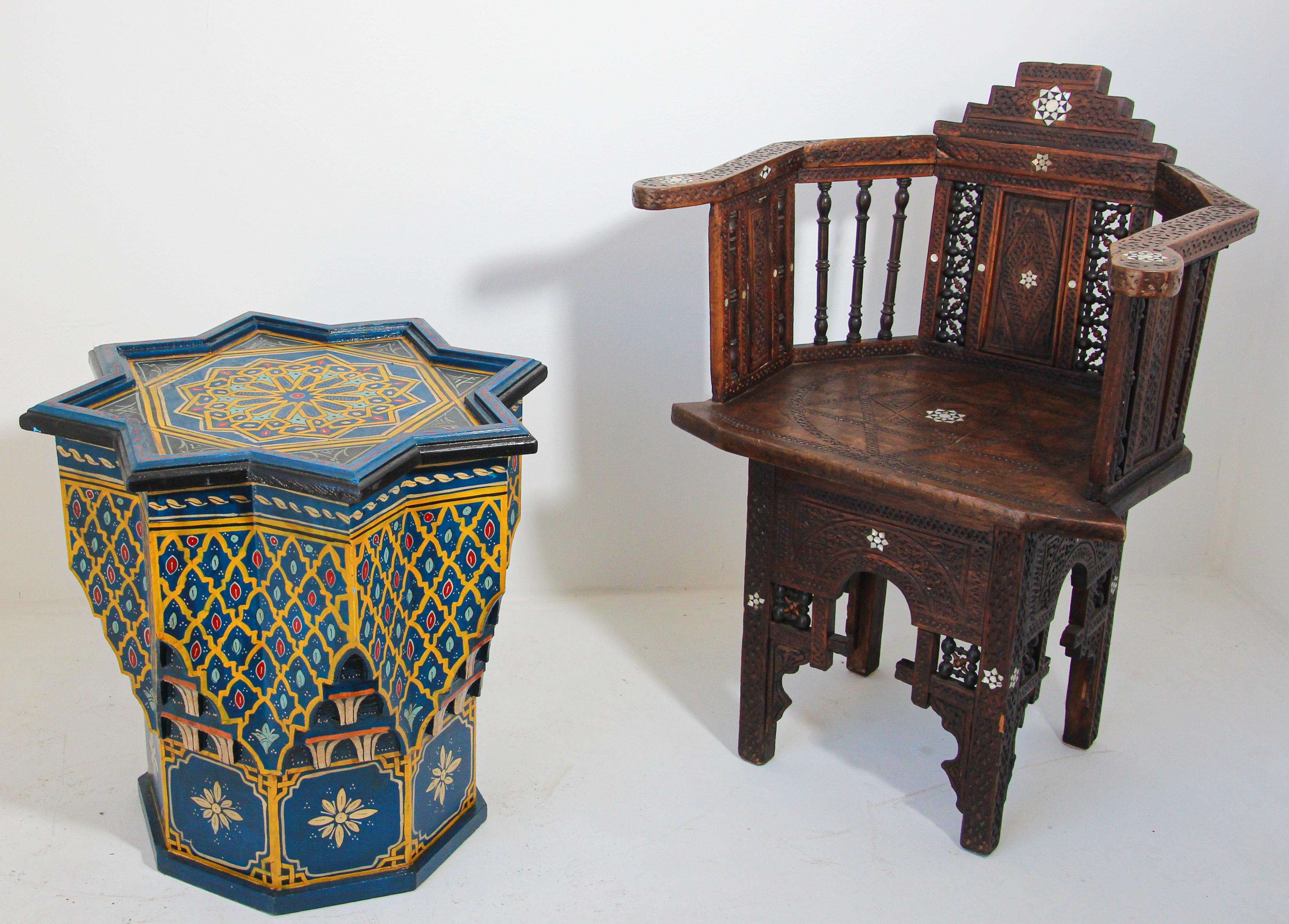Moroccan Moorish Star Blue Hand Painted Side Table at 1stDibs
