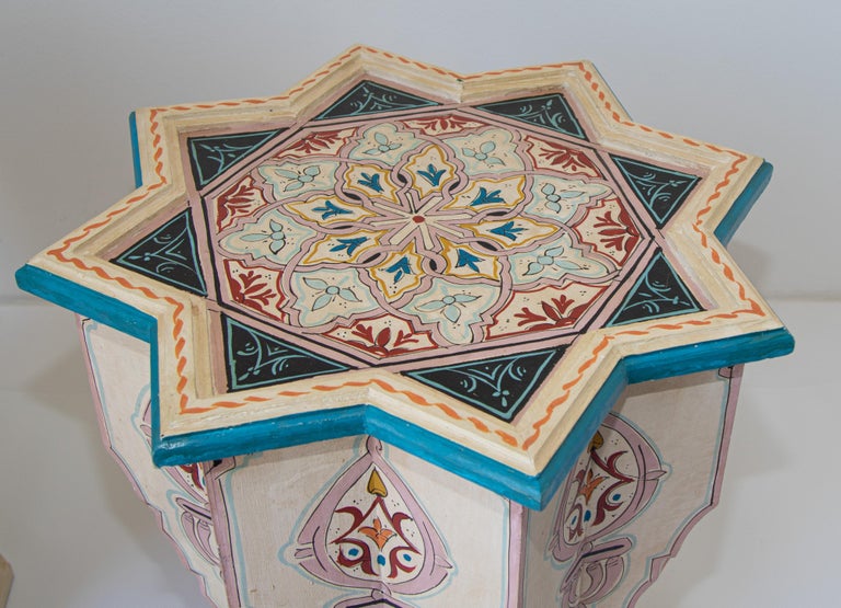 Hand-Painted Moroccan Moorish Star Shape Ivory Side Tables a Pair For Sale