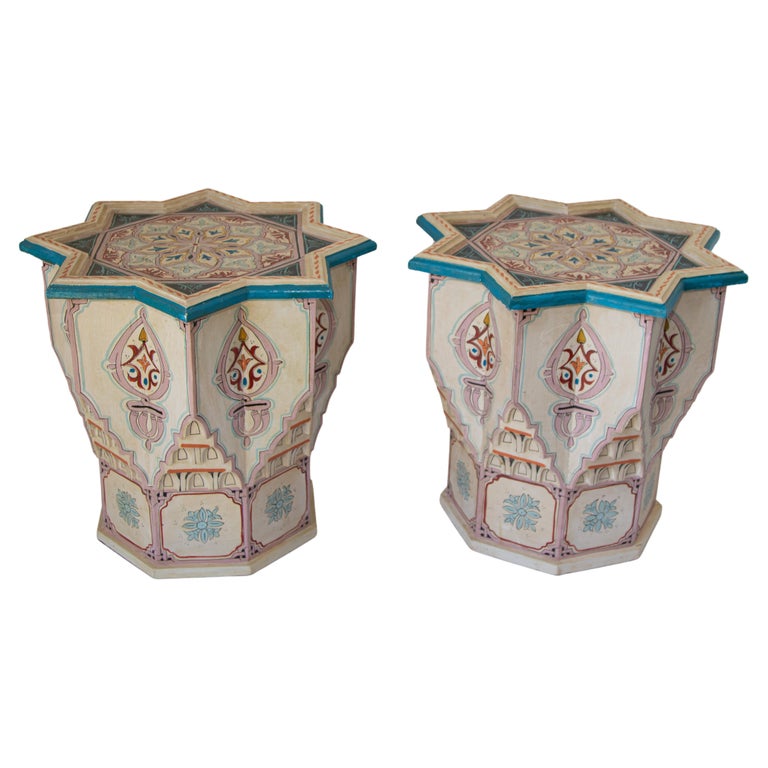 Moroccan Moorish Star Shape Ivory Side Tables a Pair For Sale