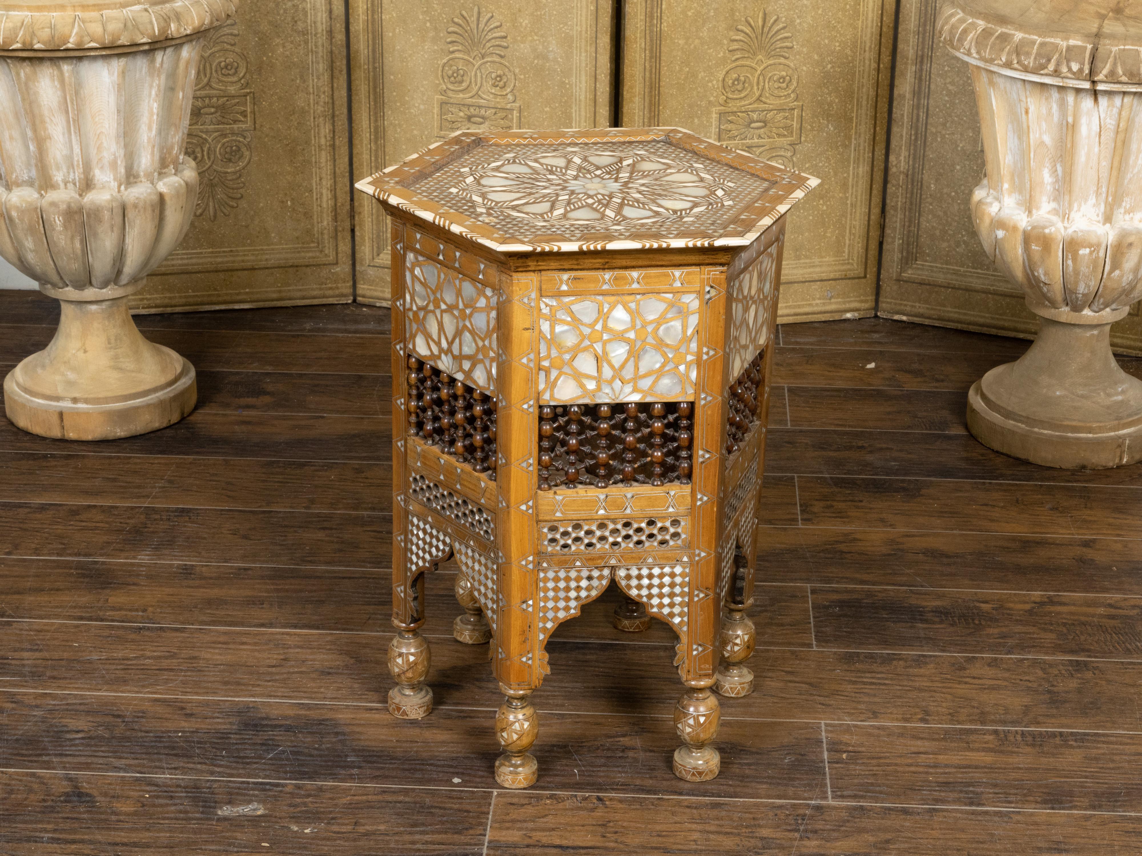 Turned Moroccan Moorish Style 1920s Table with Hexagonal Top and Mother of Pearl Inlay