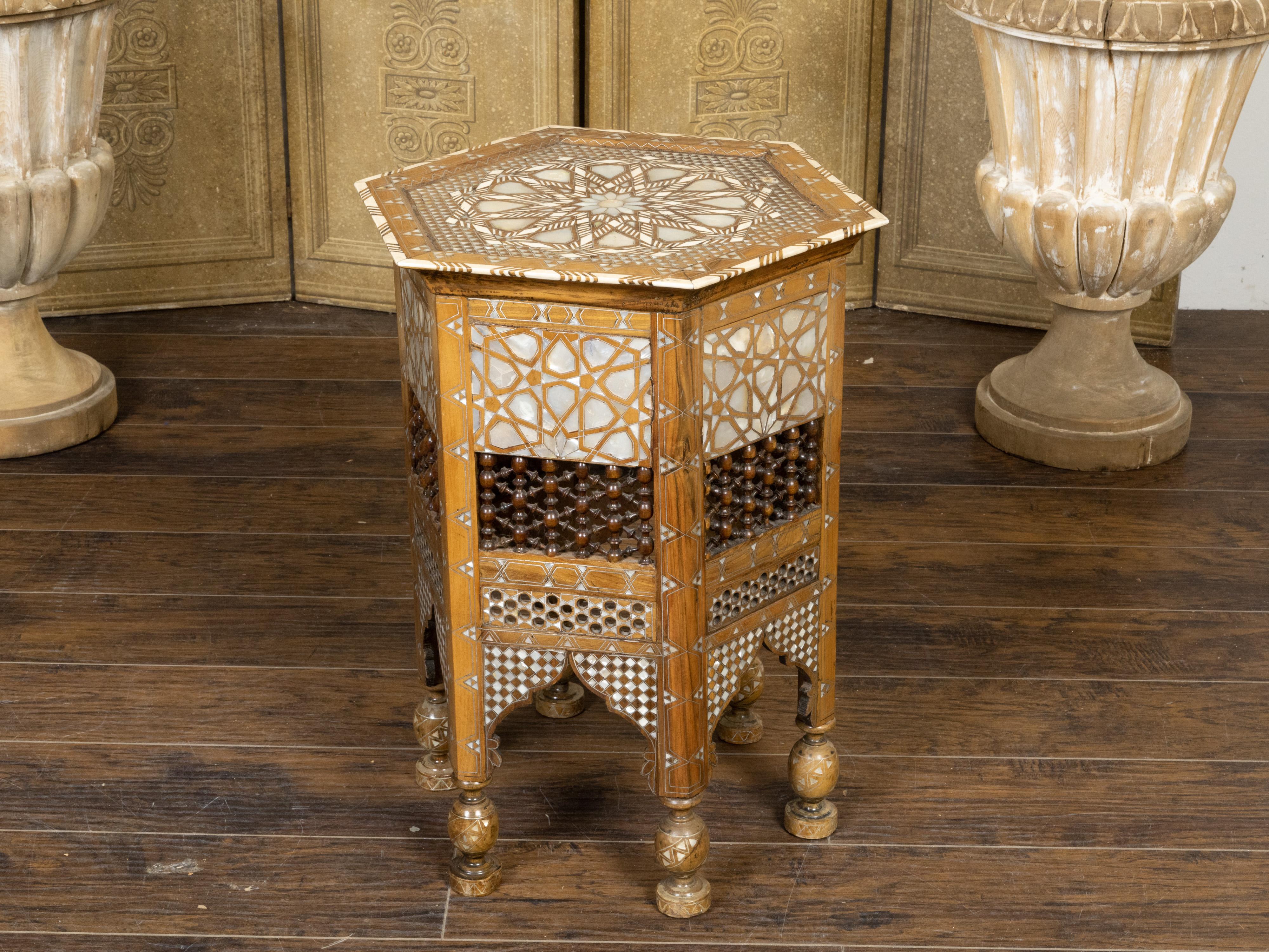 20th Century Moroccan Moorish Style 1920s Table with Hexagonal Top and Mother of Pearl Inlay