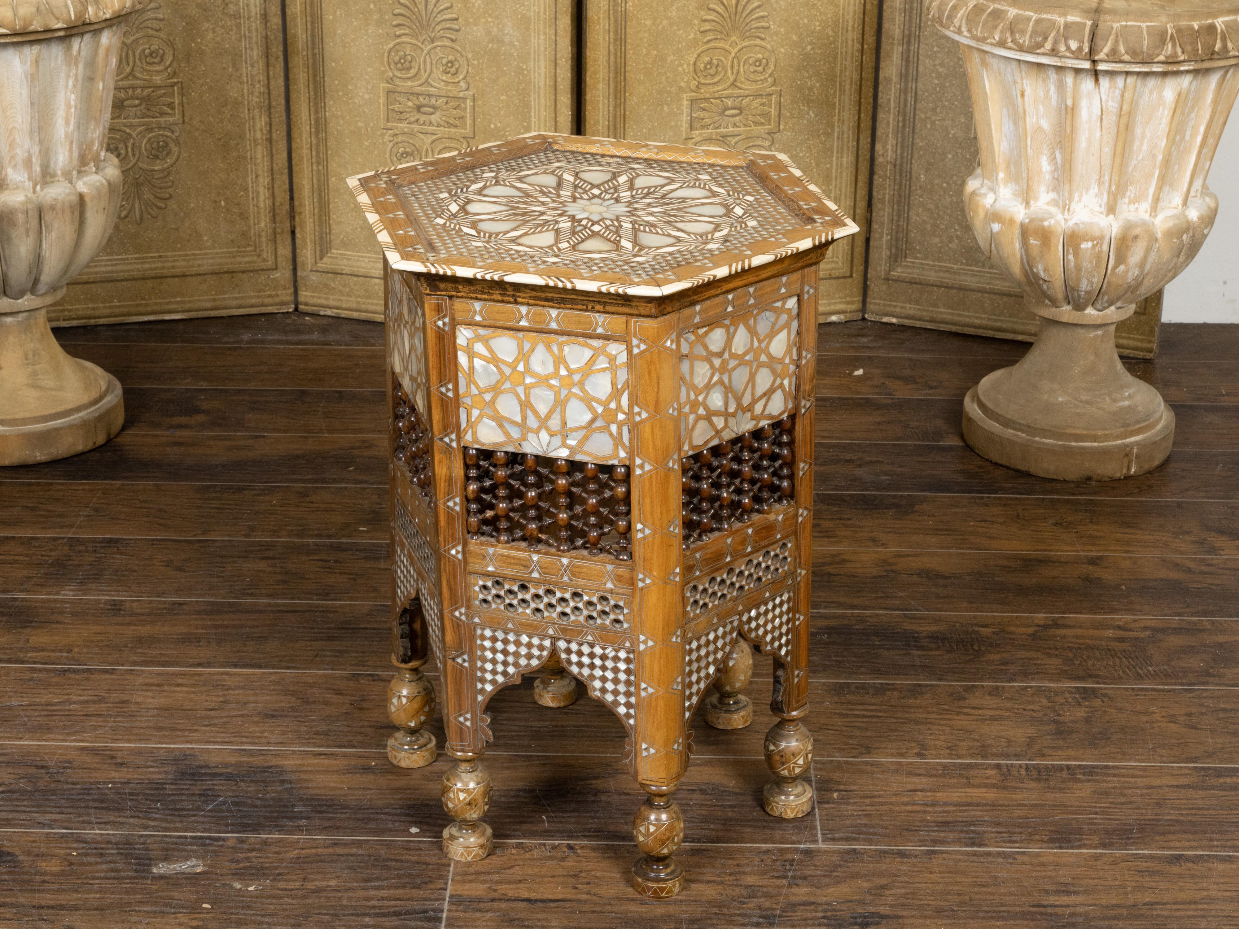 Wood Moroccan Moorish Style 1920s Table with Hexagonal Top and Mother of Pearl Inlay