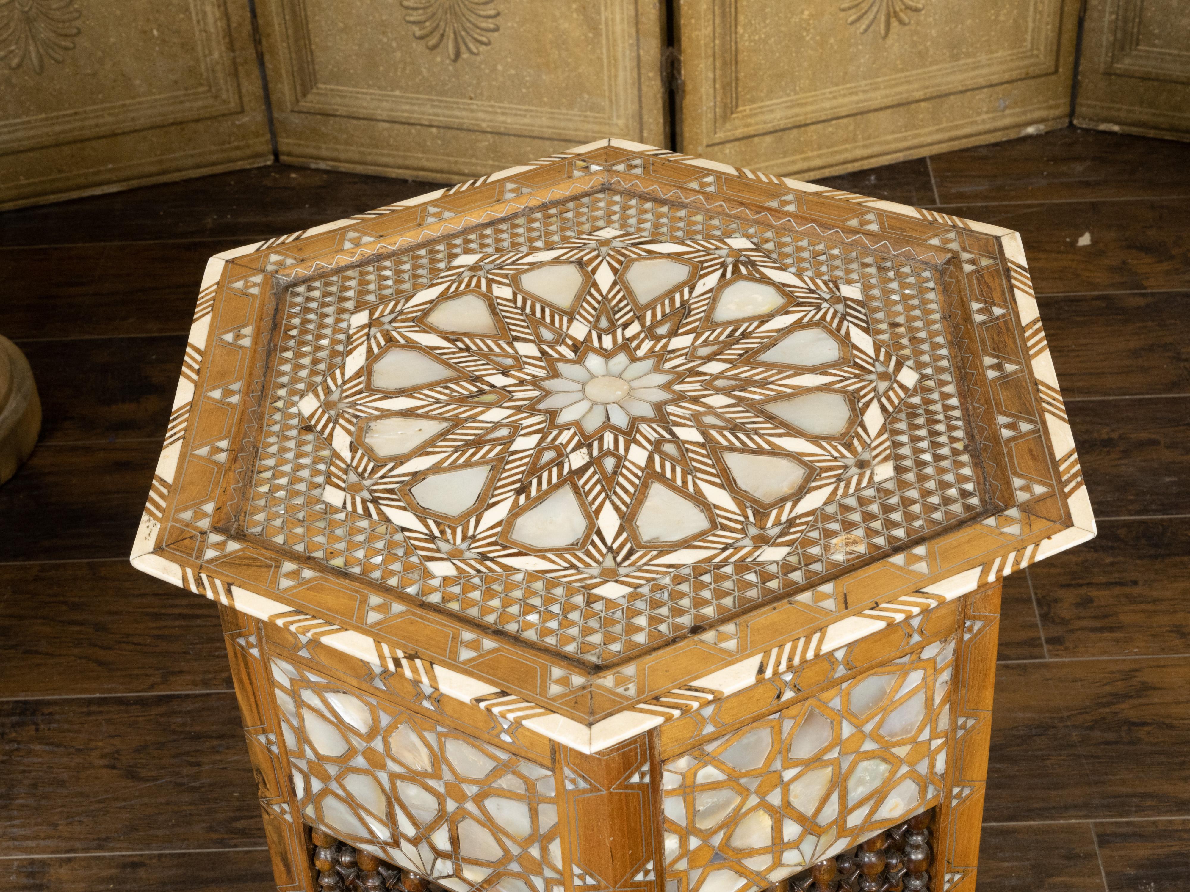 Moroccan Moorish Style 1920s Table with Hexagonal Top and Mother of Pearl Inlay 1