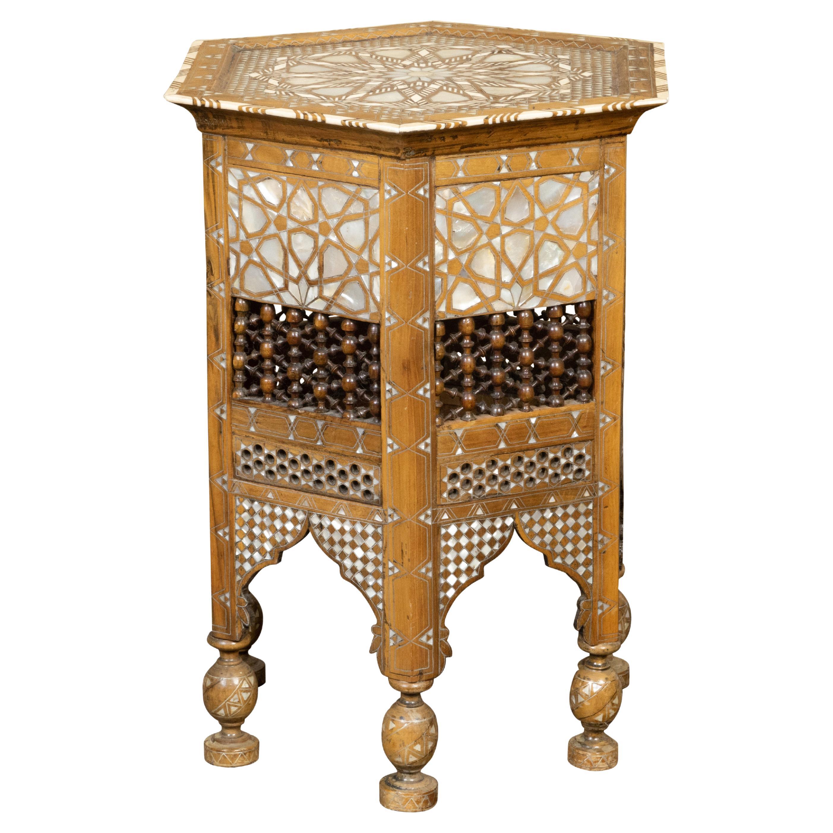 Moroccan Moorish Style 1920s Table with Hexagonal Top and Mother of Pearl Inlay