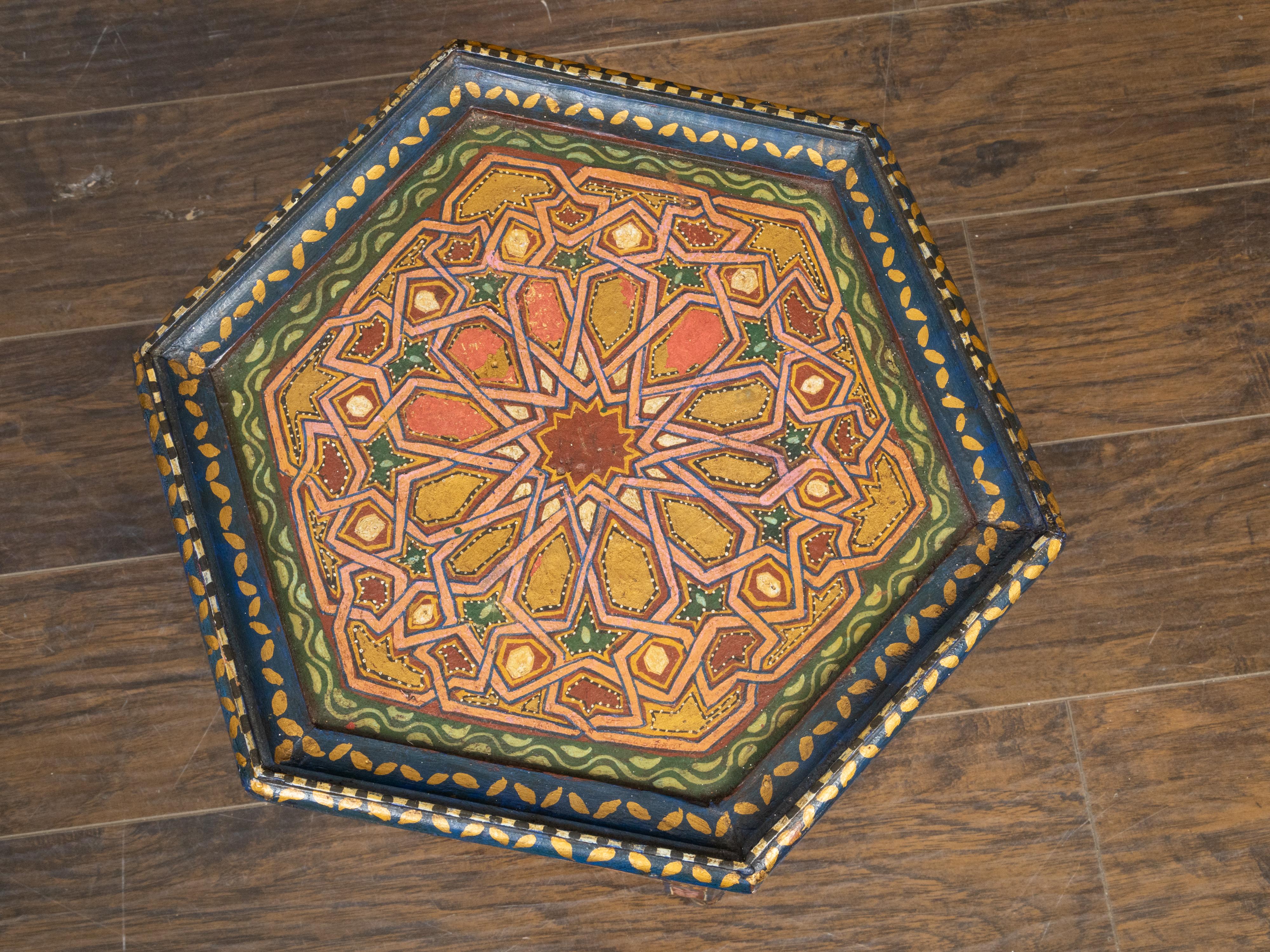 Moroccan Moorish Style 1920s Table with Hexagonal Top and Polychrome Décor For Sale 2