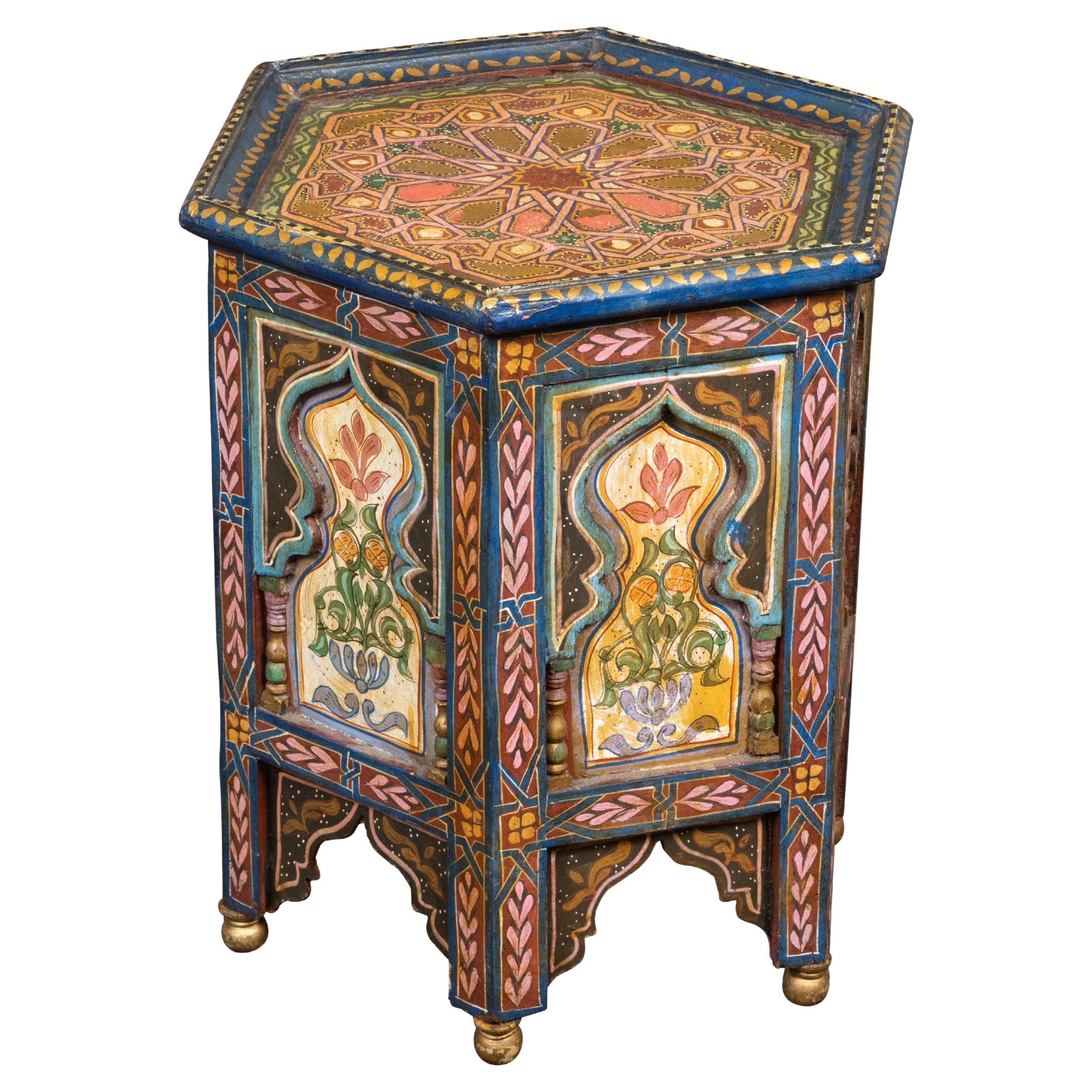 Moroccan Moorish Style 1920s Table with Hexagonal Top and Polychrome Décor For Sale