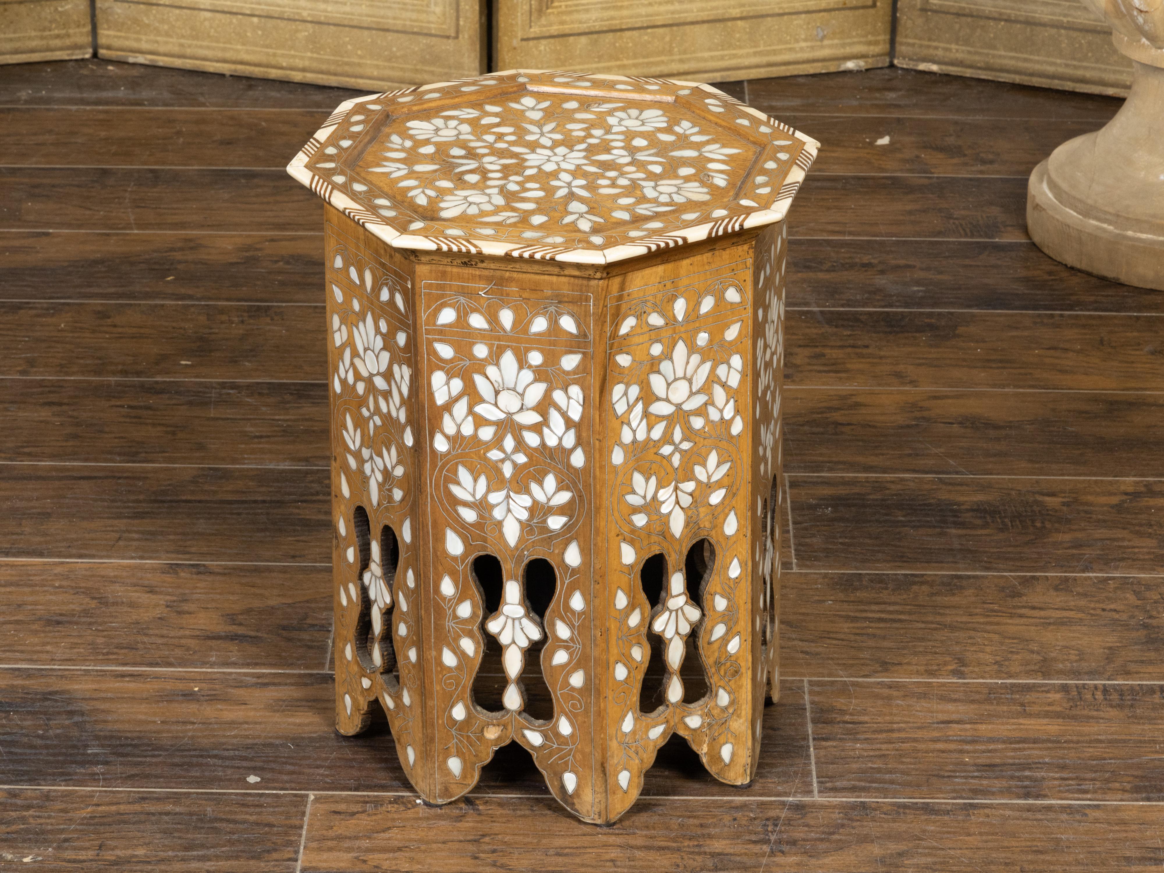 Carved Moroccan Moorish Style 1920s Table with Octagonal Top and Mother of Pearl Inlay