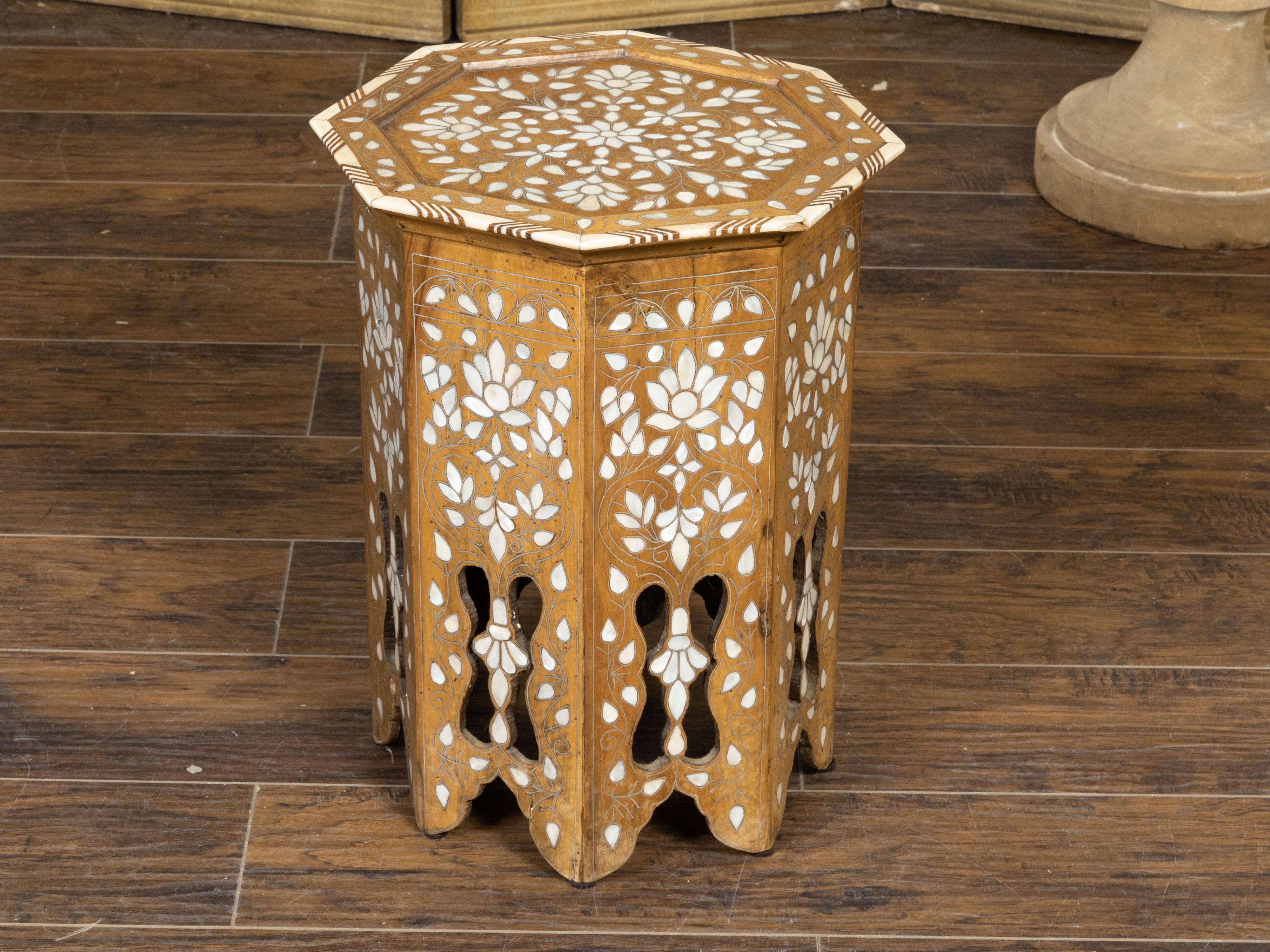 Moroccan Moorish Style 1920s Table with Octagonal Top and Mother of Pearl Inlay In Good Condition In Atlanta, GA