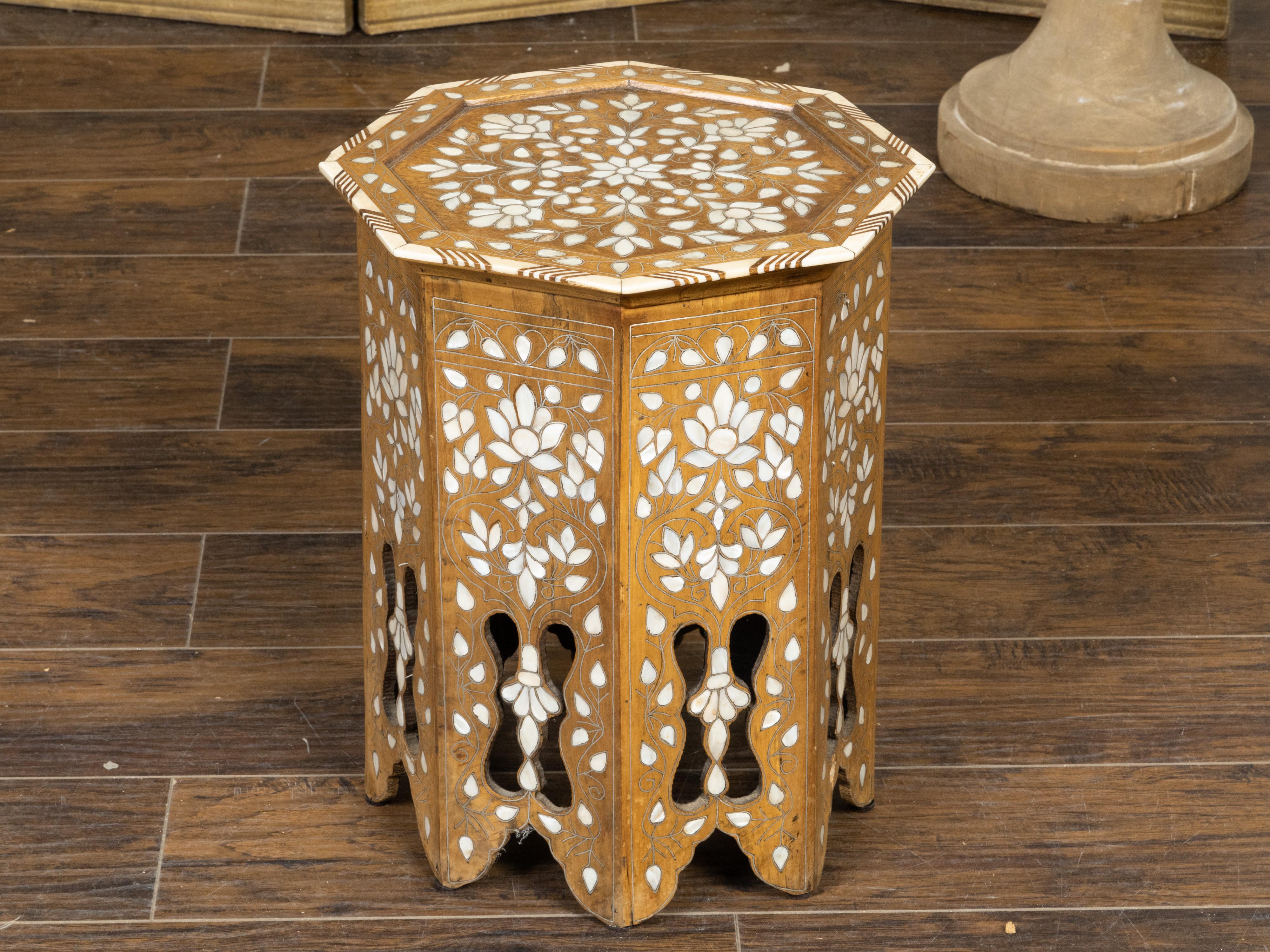 Wood Moroccan Moorish Style 1920s Table with Octagonal Top and Mother of Pearl Inlay