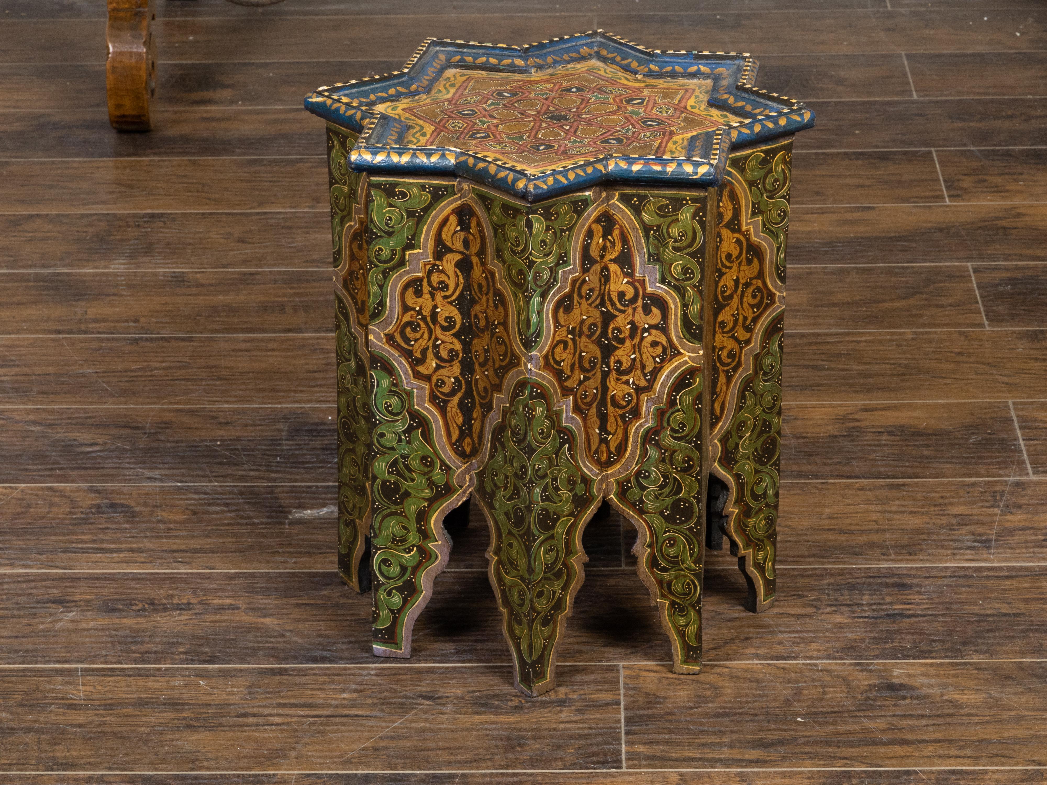 Carved Moroccan Moorish Style 1920s Table with Star-Shaped Top and Polychrome Décor For Sale