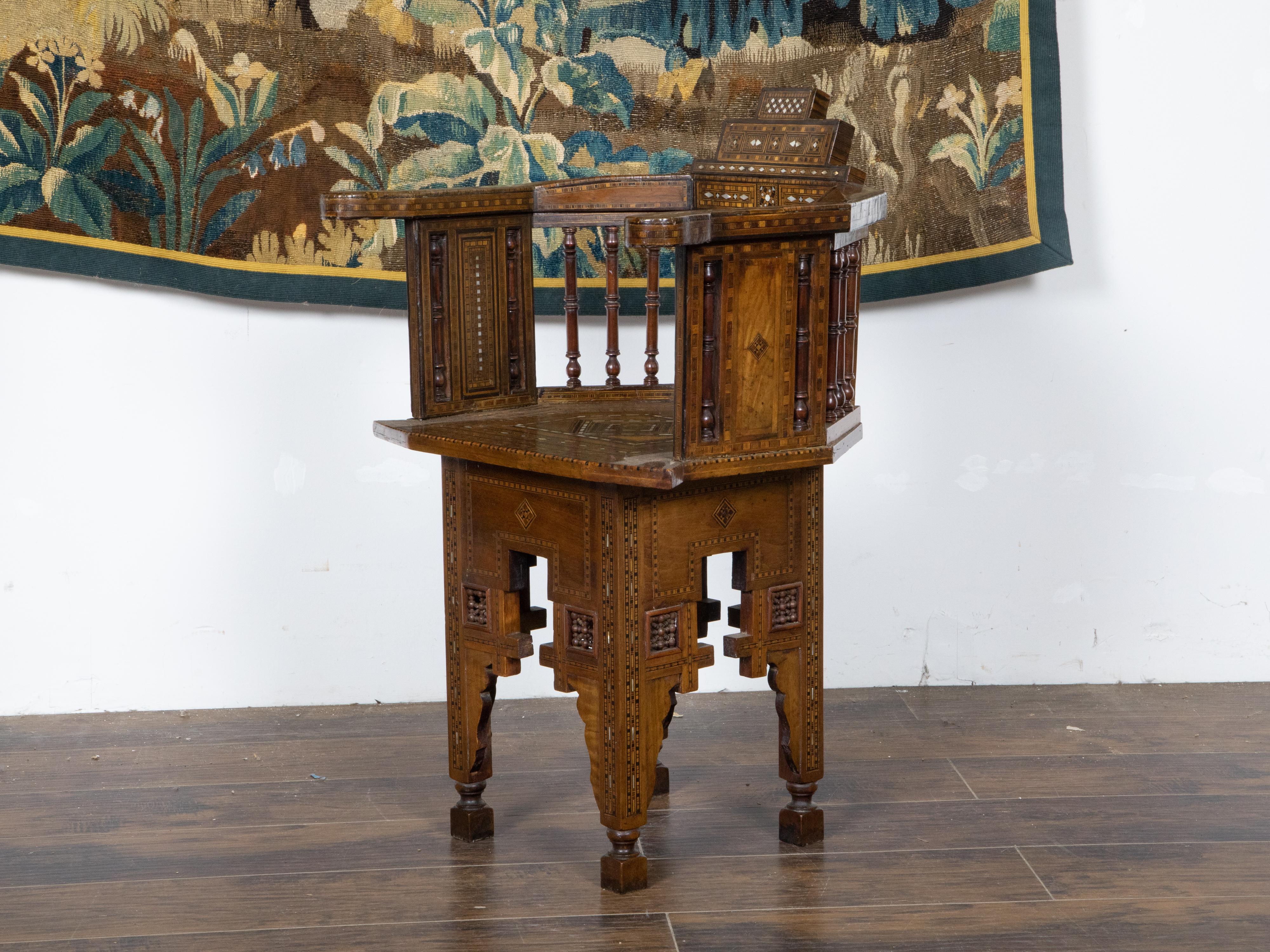 Moroccan Moorish Style Armchair with Mother of Pearl Inlay and Geometric Décor In Good Condition For Sale In Atlanta, GA