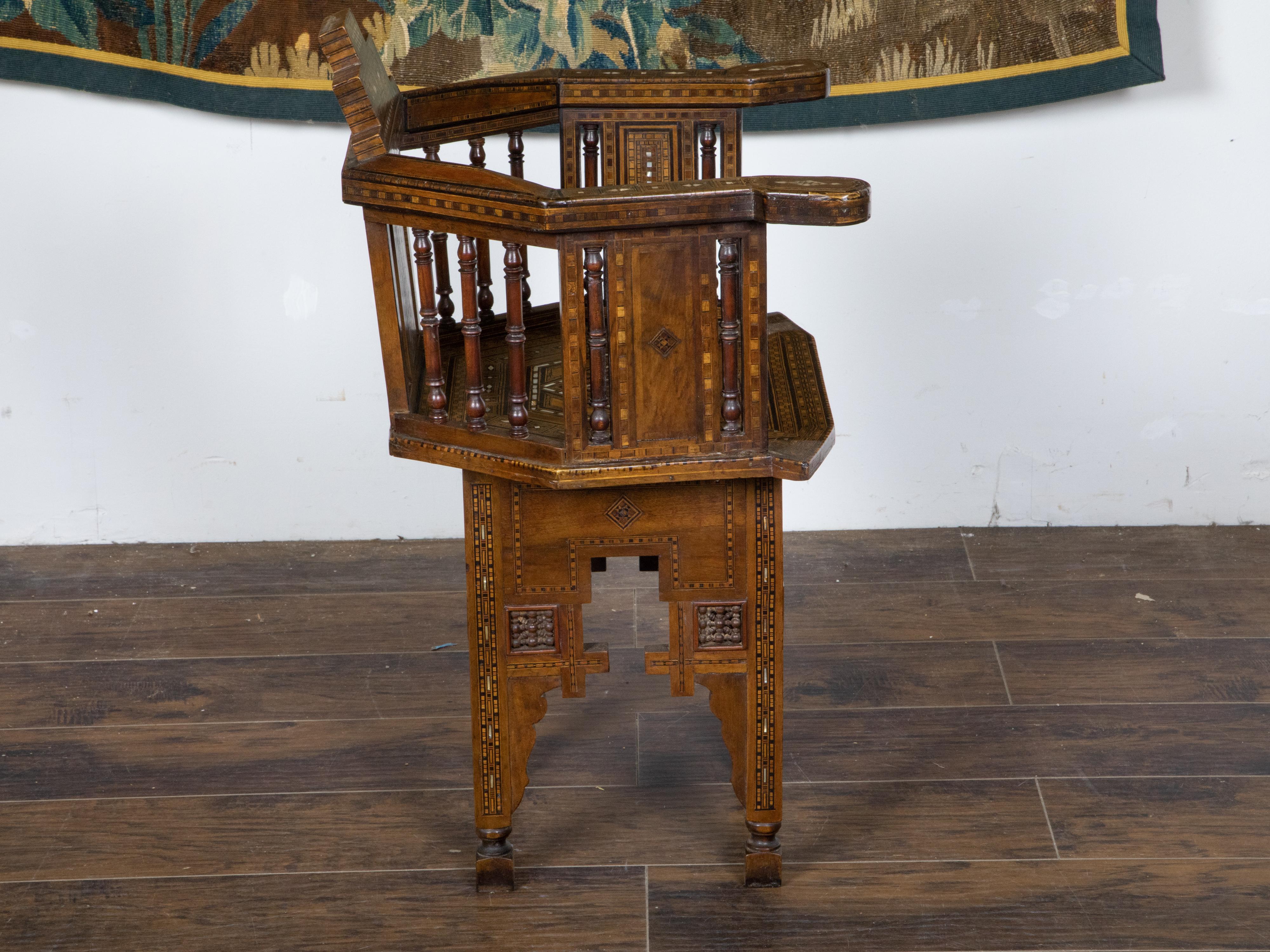 Moroccan Moorish Style Armchair with Mother of Pearl Inlay and Geometric Décor For Sale 1