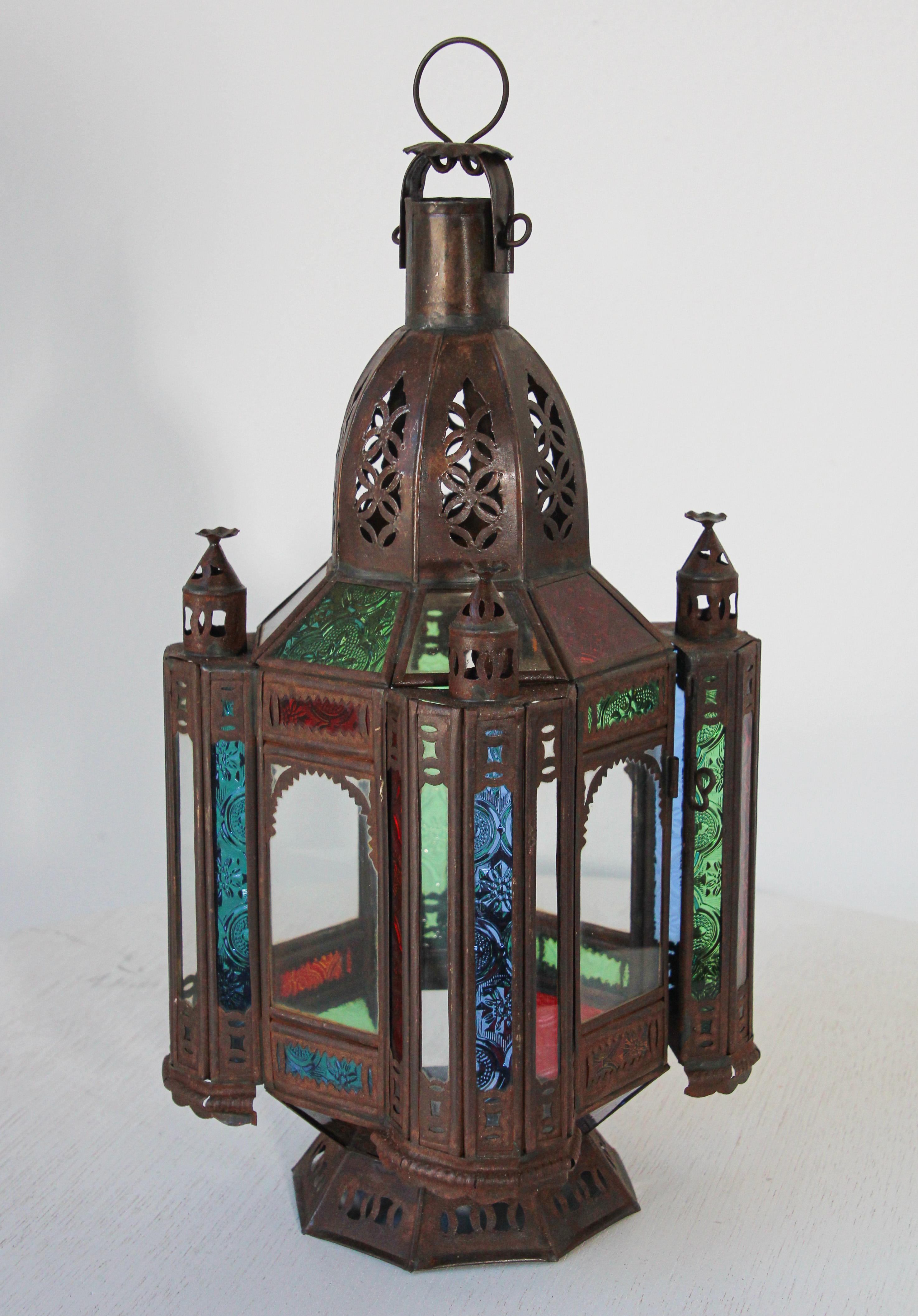 Moroccan Moorish Tole and Glass Candle Lantern For Sale 3