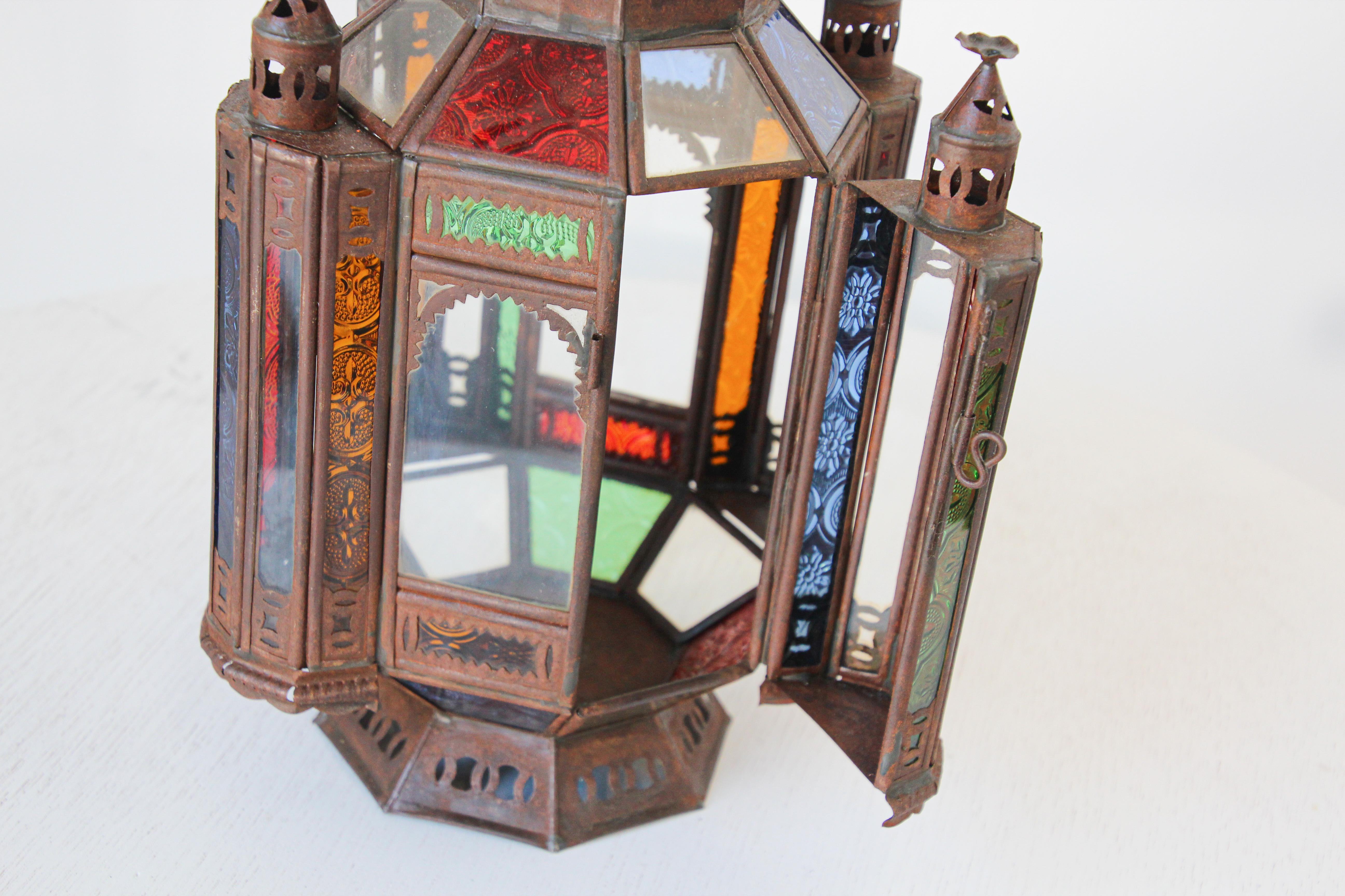 Moroccan Moorish Tole and Glass Candle Lantern For Sale 5