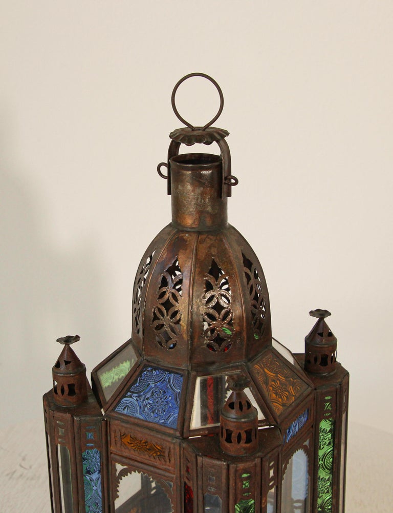 Moroccan Moorish Tole and Glass Candle Lantern For Sale at 1stDibs